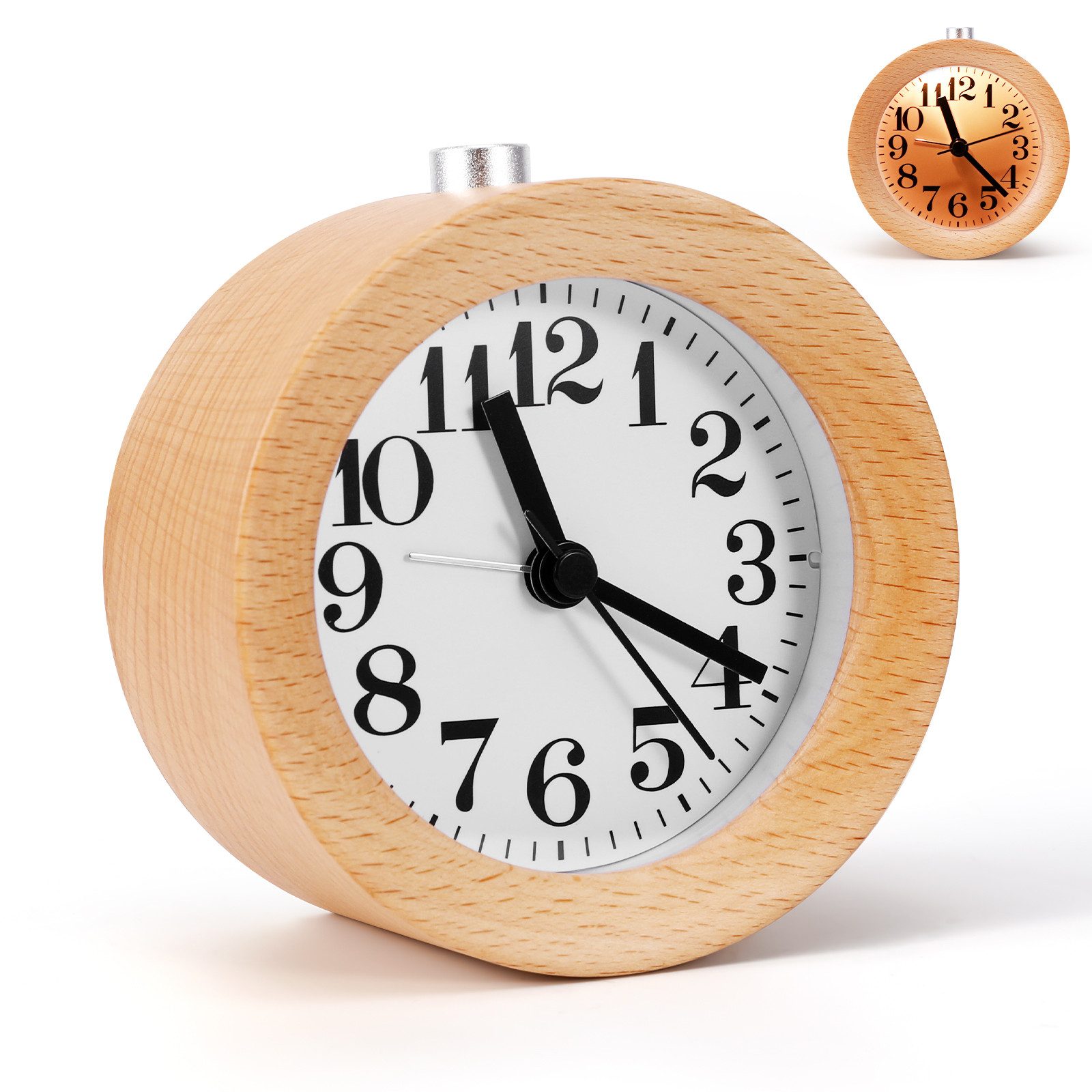 BlingBin Wecker Analoger Wecker ohne Ticken Nachttisch-Wecker Tischuhr Retro Uhr mit Ziffernblatt Alarm Licht - Leise Vintage Wood Tischuhr