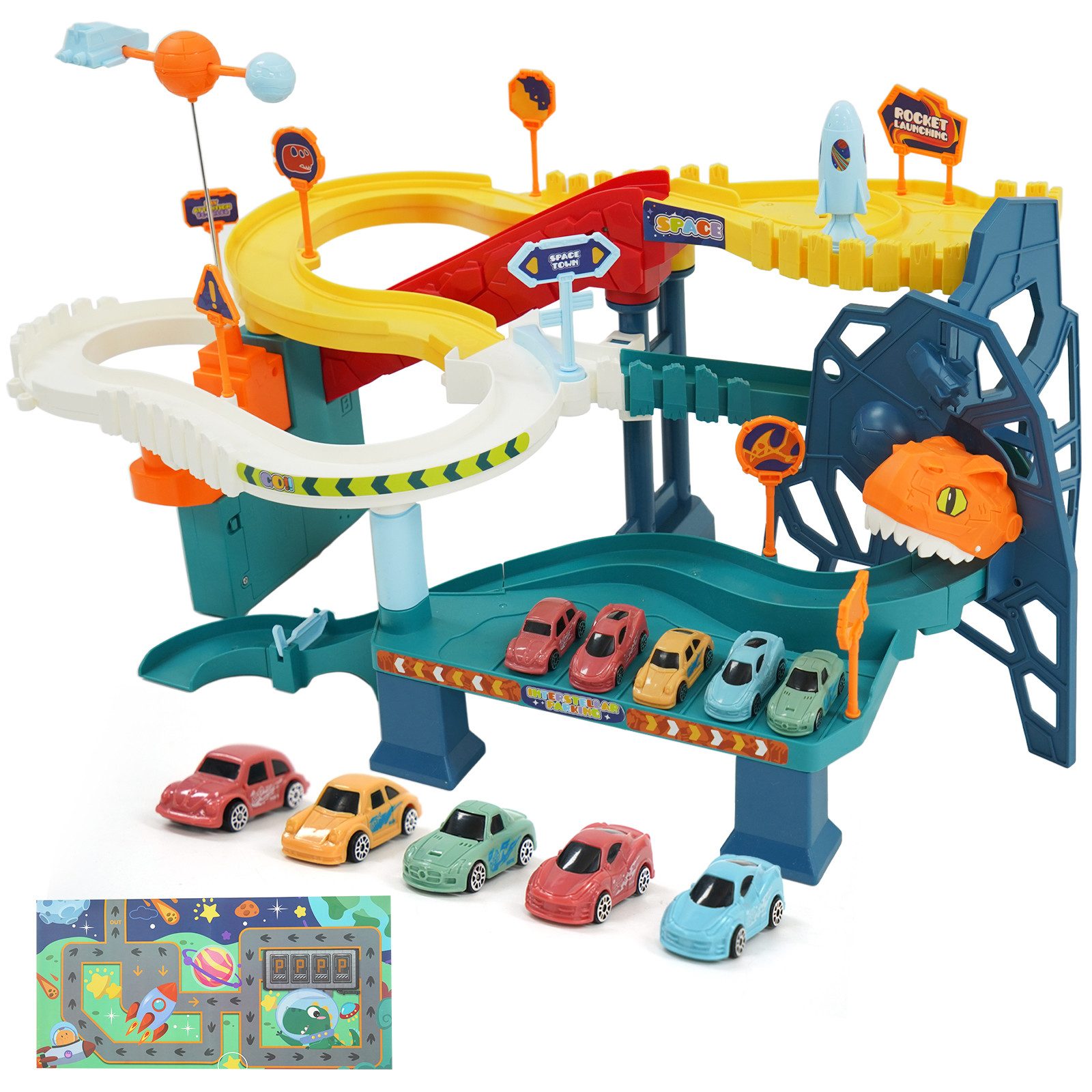 LBLA Spiel-Parkgarage Dinosaurier Weltraum-Rennbahn (Dynamisches Auto-Spiel günstig online kaufen