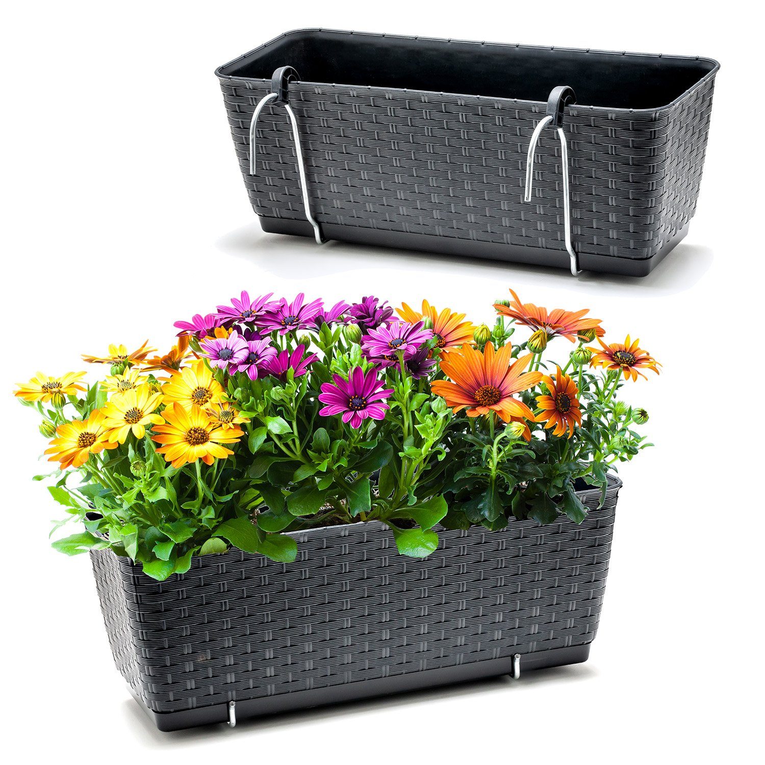 BigDean Blumenkasten 2x Bewässerungssystem + Halterung Rattan-Optik Anthrazit 39x15,5x14cm (Set, 2 St., Balkonkästen), Bruchfest, Bewässerungssystem, Wasserspeicher, Halterung