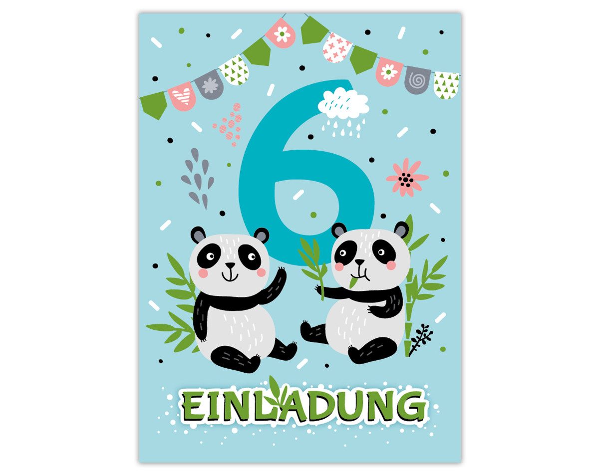 JUNAPACK Einladungskarten Panda Bär Einladungen zum 6. Kindergeburtstag Karten Mädchen, Einladungskarten mit einem Panda Bär zum sechsten Geburtstag