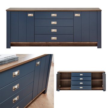 Lomadox Sideboard DEVON-36, Wohnzimmer Landhausstil 194 cm, in blau mit Eiche, Anrichte, Kommode