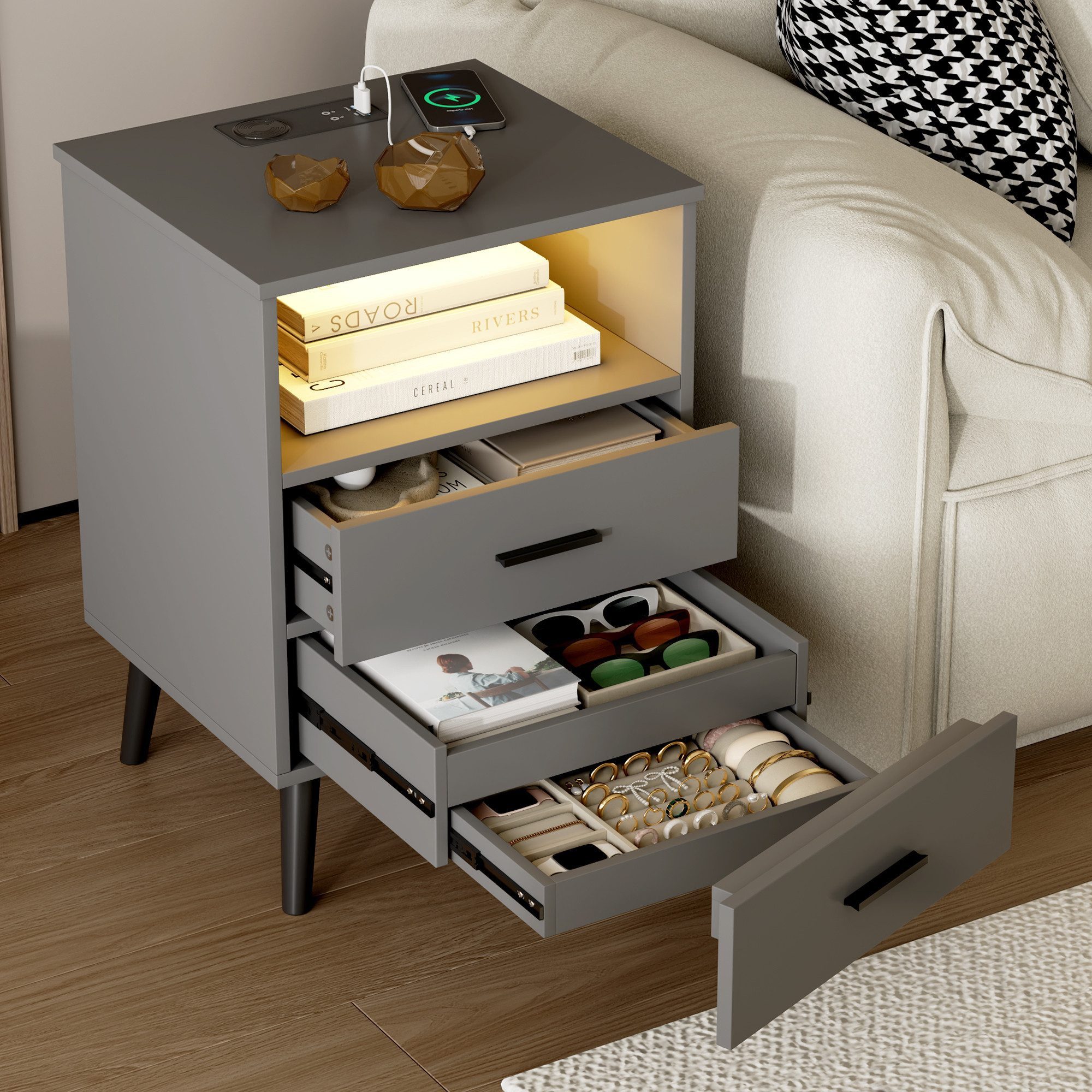 LVSOMT Nachttisch mit Beleuchtung LED und Ladefunktion USB & Type-C (1 Tisc günstig online kaufen