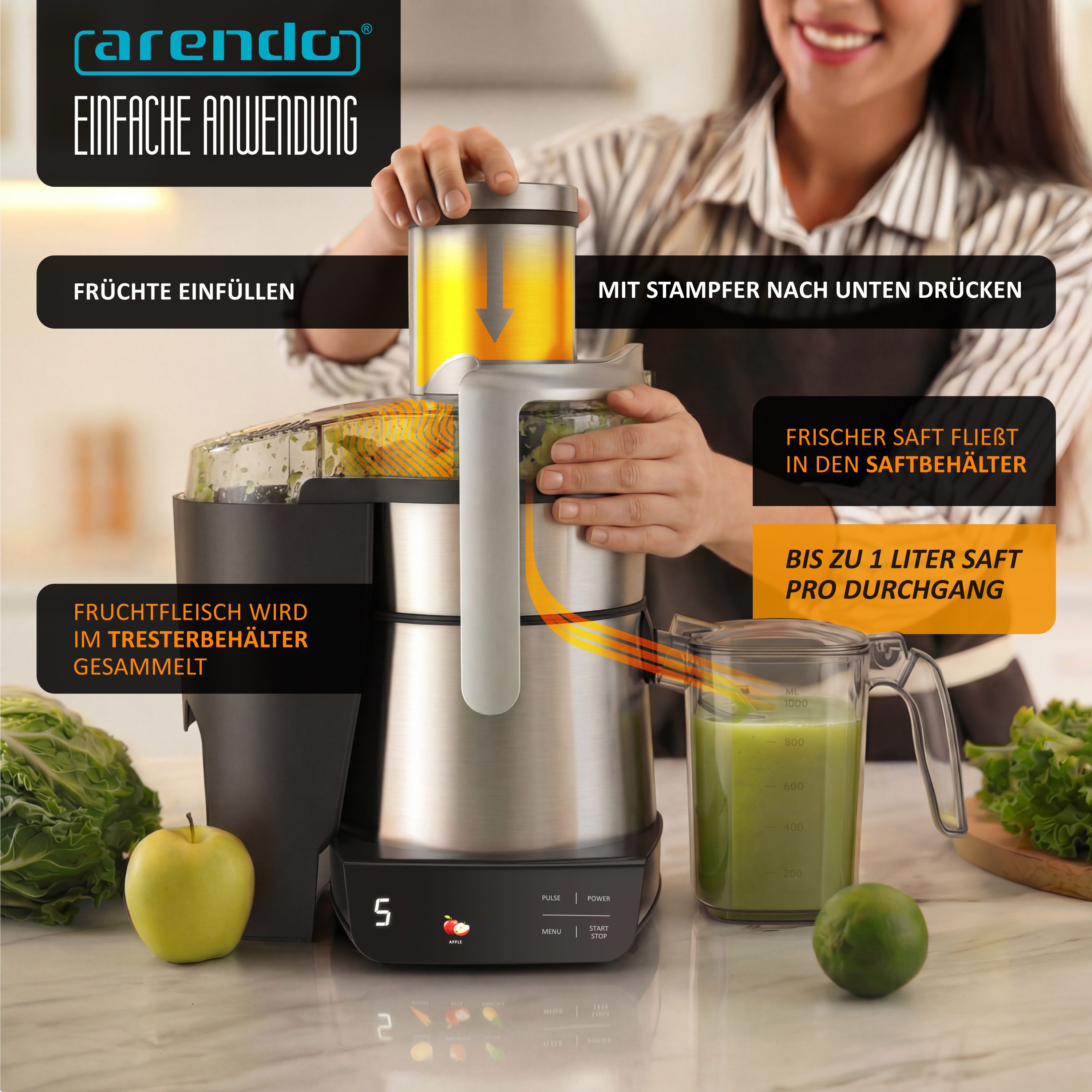 Arendo Zentrifugenentsafter Zentrifugaler Edelstahl digital Entsafter, Obst & Gemüse, Farbsymbole, 1000.0 W, 85mm XXL-Schacht, LED-Touch-Display, BPA-frei & Edelstahl-Design