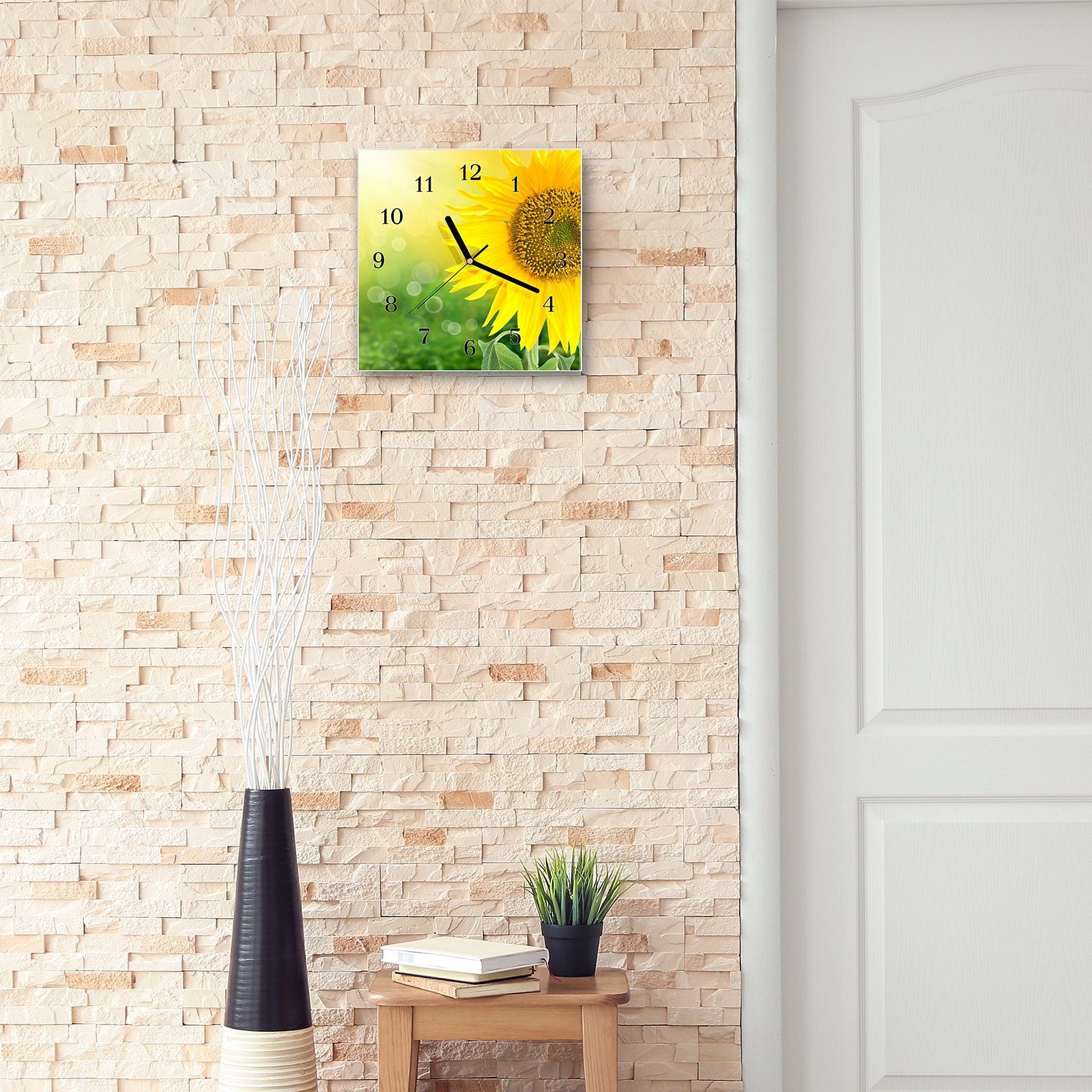 Primedeco Wanduhr Glasuhr Sonnenblume x Wanduhr im 30 cm 30 Wandkunst Motiv mit Größe Lichtg