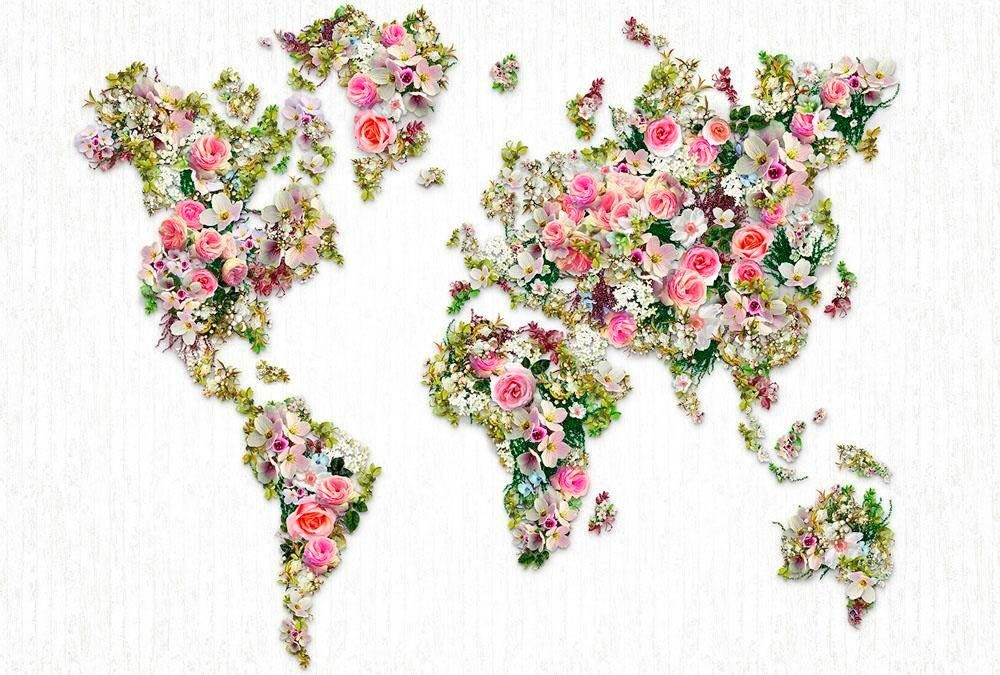 living walls Vliestapete Weltkarte aus Rosen Vlies, glatt, (1 St), Blumige Fototapete Landkarte Floral 4,00m x 2,70m Weiß Grün Rosa