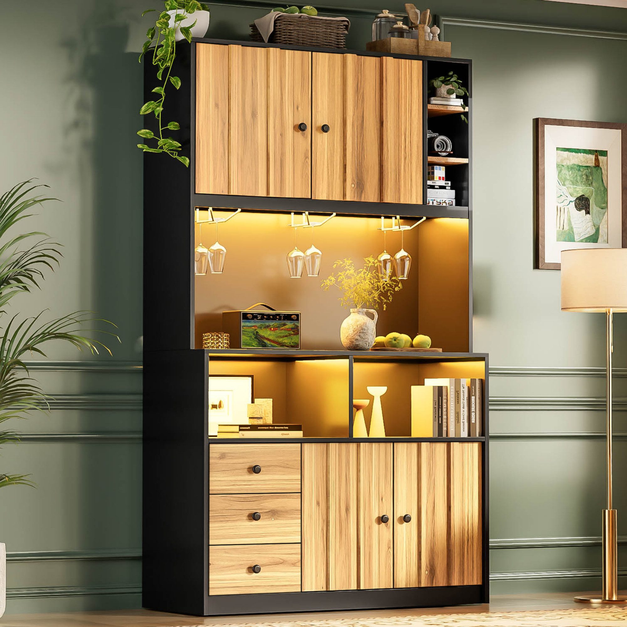 Flieks Küchenbuffet Hochschrank mit LED-Beleuchtung, Steckdose, Gläserhalter Landhausstil (B100/T40/H180 cm, 1-St) Küchenschrank Highboard mit verstellbarer Ablagen Holzoptik & Schwarz