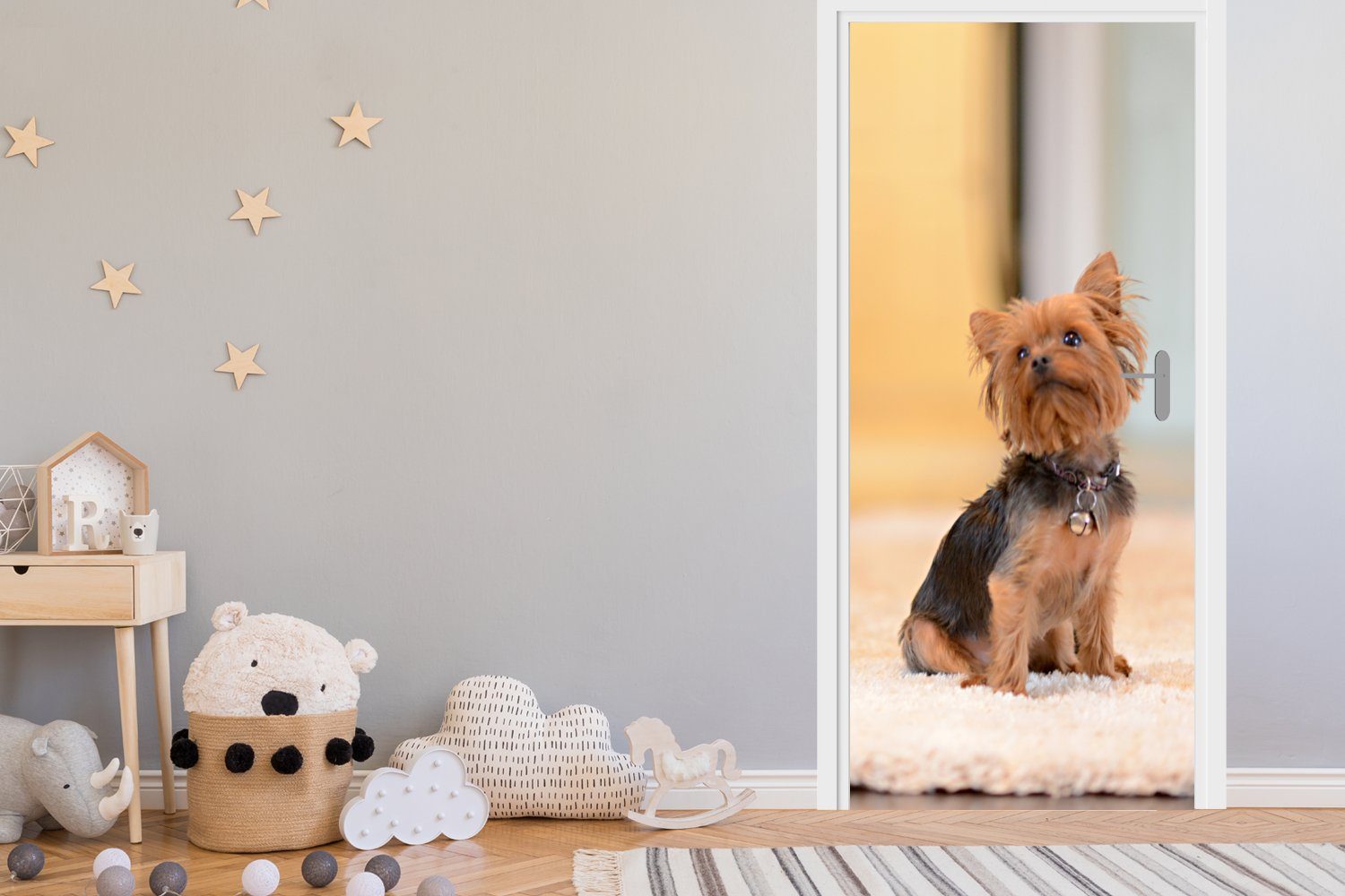 Ein Türtapete cm einem Teppich, Fototapete Terrier 75x205 auf St), (1 Matt, Türaufkleber, MuchoWow sitzt Yorkshire bedruckt, für Tür, kleiner