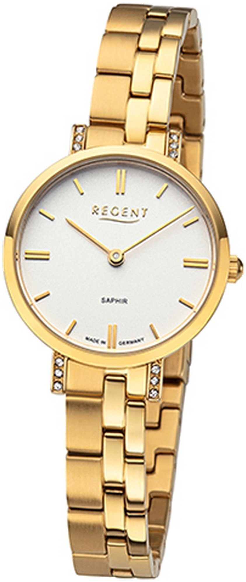 Regent Quarzuhr Regent Damen Armbanduhr Analog, Damenuhr Metallbandarmband gold, rundes Gehäuse, klein (ca. 28mm)