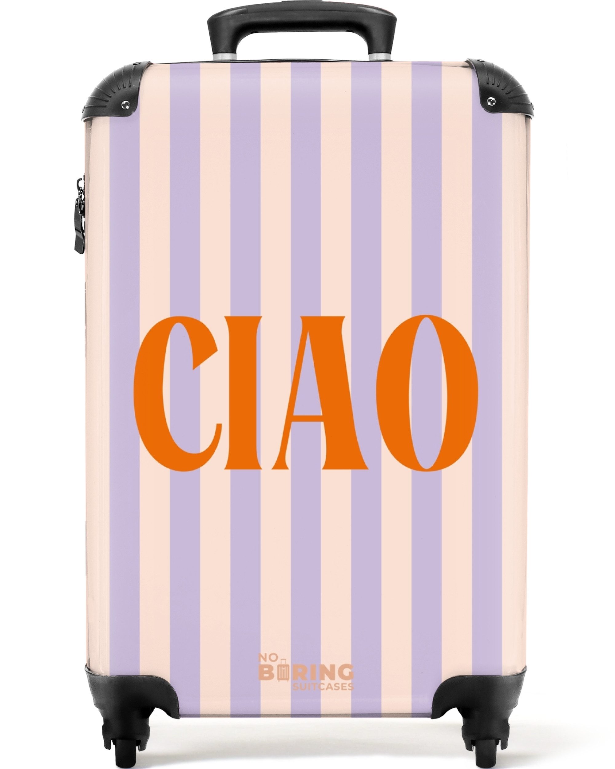 NoBoringSuitcases.com© Hartschalen-Trolley Grüne und rosa Streifen mit dem Spruch 'que sera sera' 55x35x20cm, 4 Rollen, Handgepäck Koffer & Trolleys, Luggage, Reisekoffer Frauen