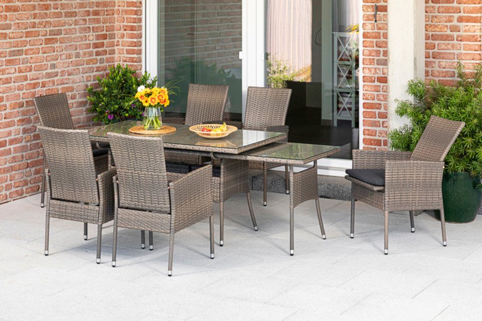 MERXX Garten-Essgruppe Sevilla, (7-tlg), 6 Sessel mit SItzkissen, ausziehbarer Tisch, steinbeige