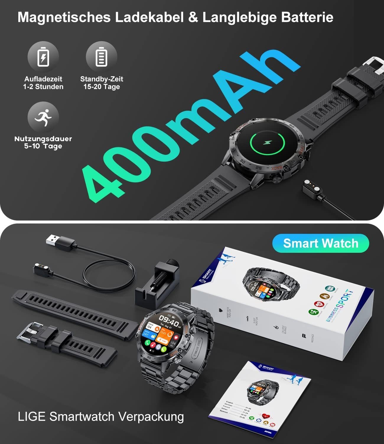Akku Sportuhr iOS), Sportmodi (1,39 100 Smartwatch SpO2 Telefonfunktion Zoll, 400mAh Lige mit Android Militär