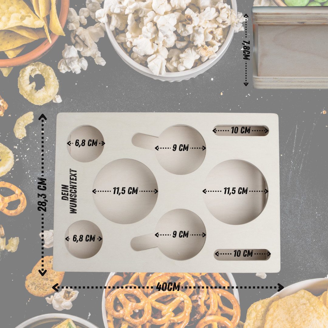PEGSEN Servierplatte All in One Couchbar Sofatablett mit 4 Snackschalen, Birkenholz, (Set, 5-tlg., abnehmbarer Deckel, mit 4 lebensmittelechten Glasschalen), passend für Kaffeetassen, Weingläser, 0,5L Bierflaschen