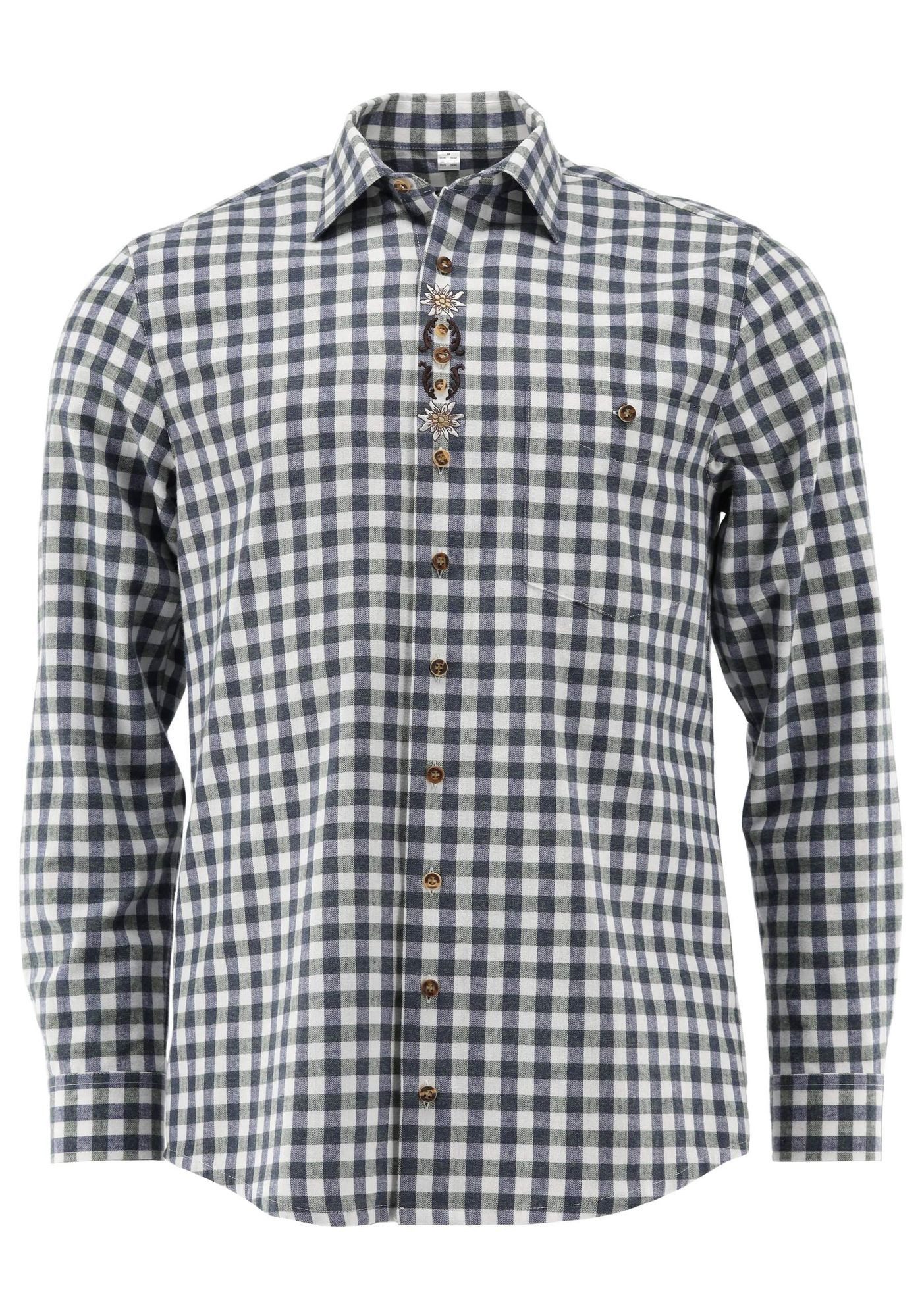OS Trachten Trachtenhemd Brajol Regular Fit, Haifischkragen, 1/1-Arm, Flanell-Karo, Edelweißstickerei