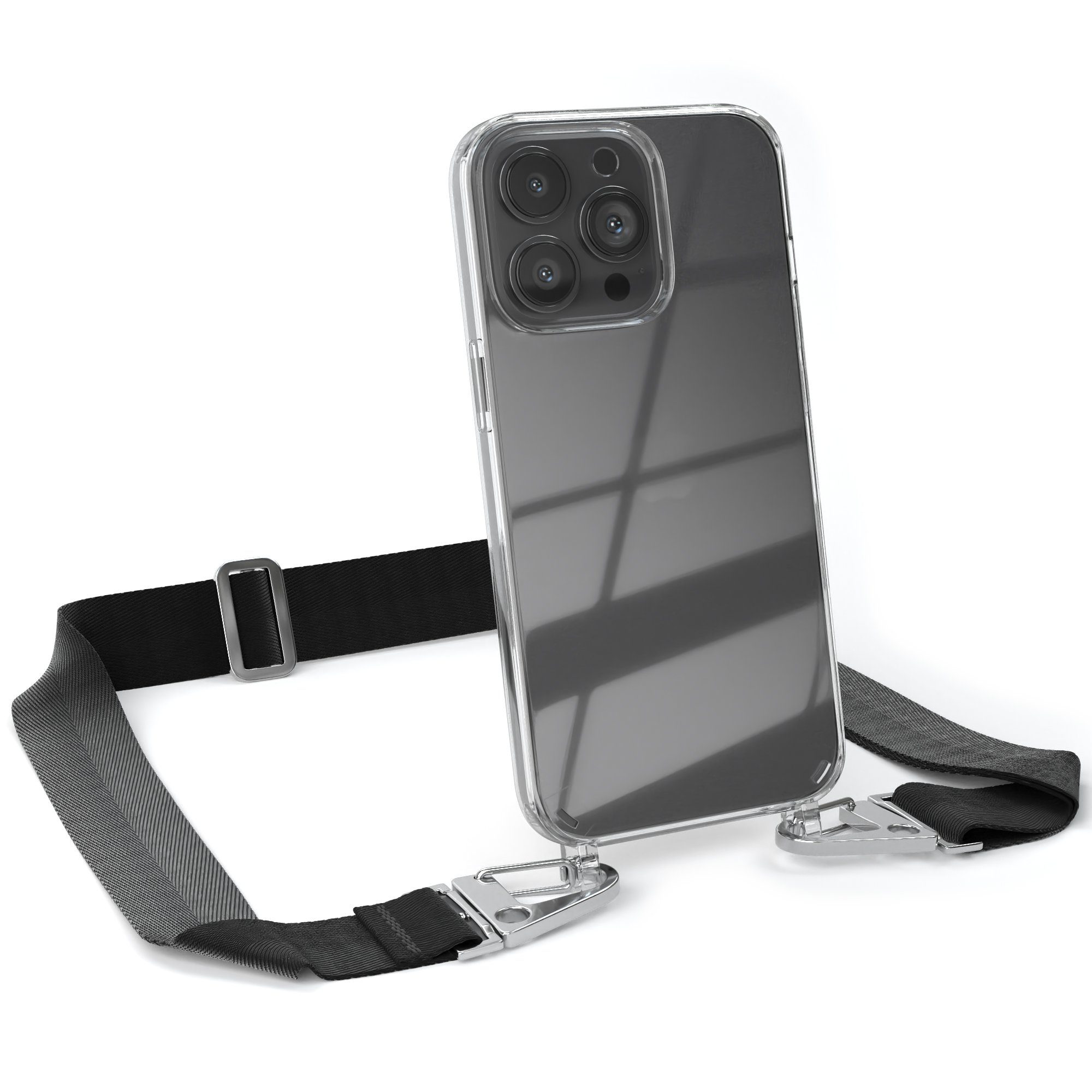 EAZY CASE Handykette Silikon Kette Karabiner für Apple iPhone 13 Pro 6,1 Zoll, Schutzhülle zum Umhängen Handyhülle mit Umhängeband Schwarz Silber