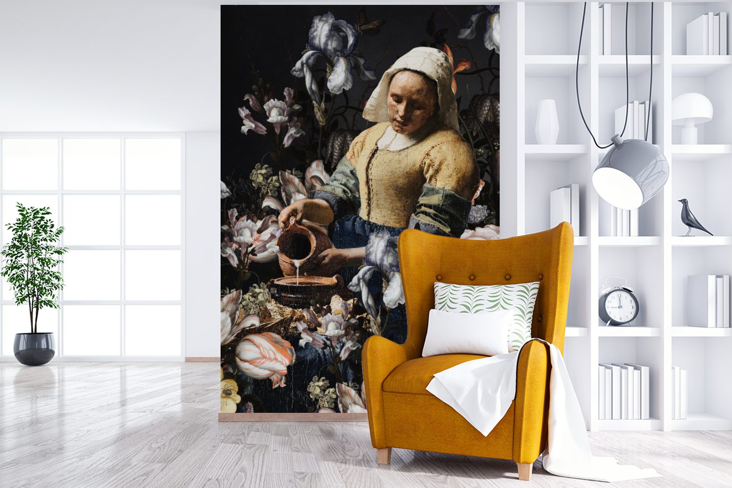 Wandtapete Fototapete - für Montagefertig (3 Johannes Blau, Tapete - bedruckt, Wohnzimmer, - St), MuchoWow Vermeer Matt, Vinyl Blumen Milchmädchen