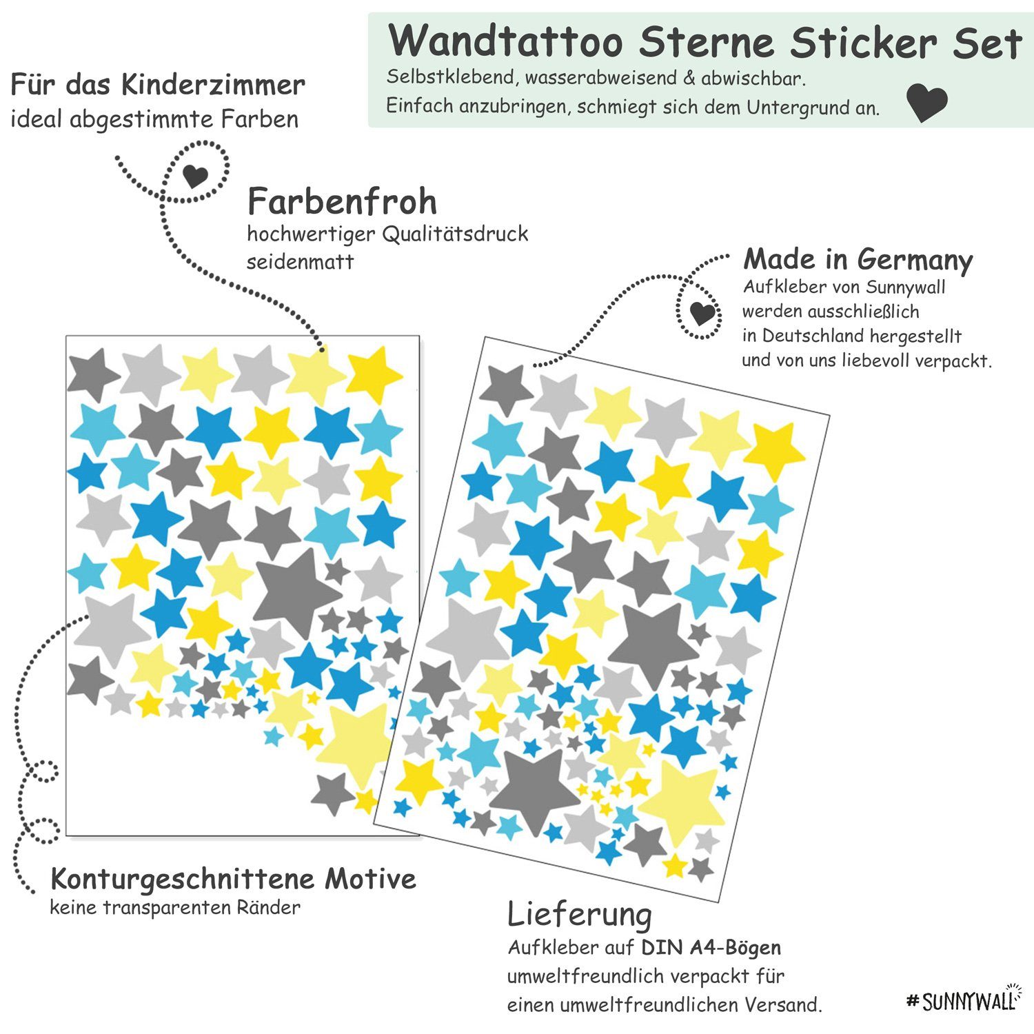 Sunnywall Wandtattoo Sterne Aufkleber Stars Wandsticker bunt, Sternenhimmel Wandtattoo, konturgeschnitten