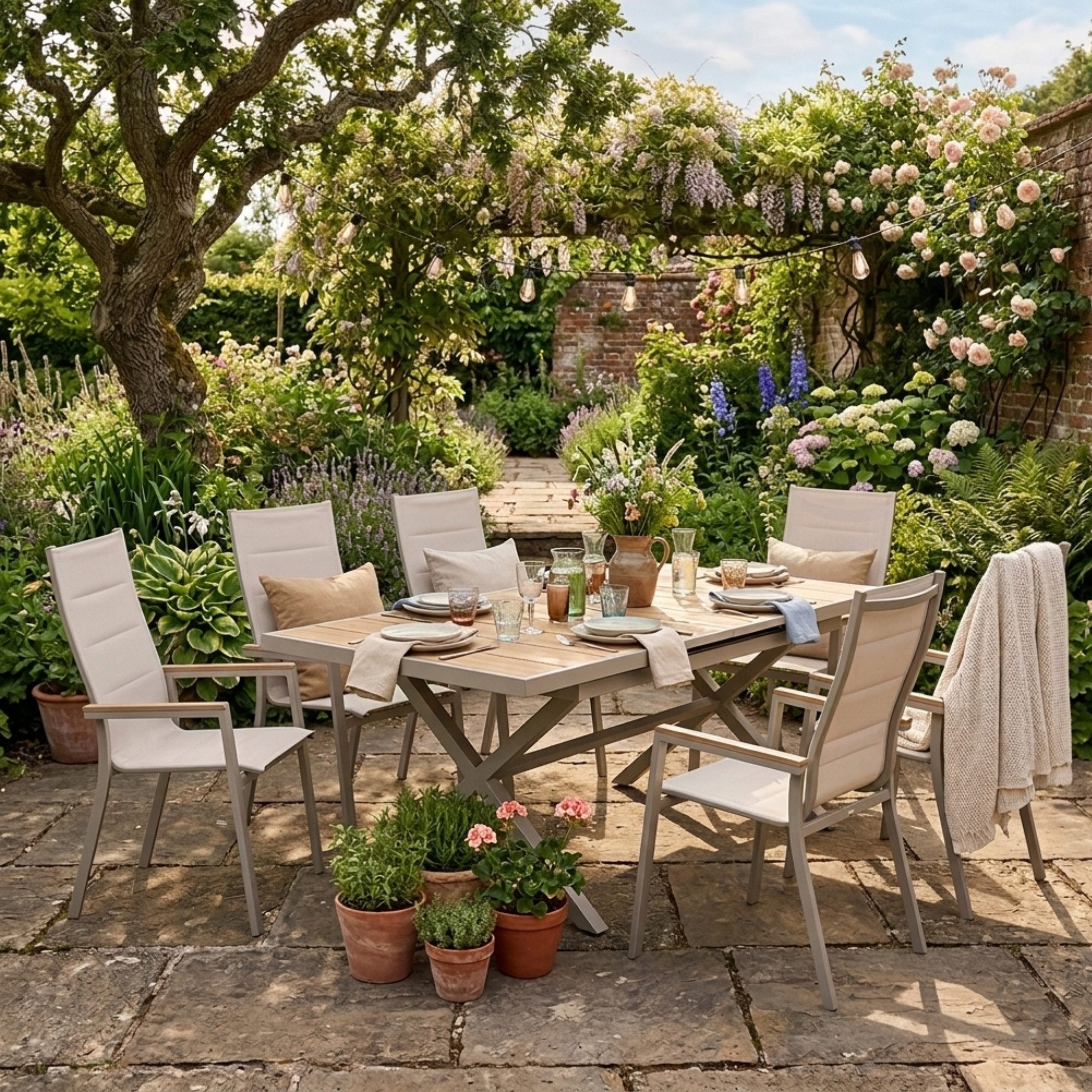 MANDALIKA Garden Garten-Essgruppe 7-tlg. Dining Gruppe Meran XL mit Ausziehtisch extra hoch