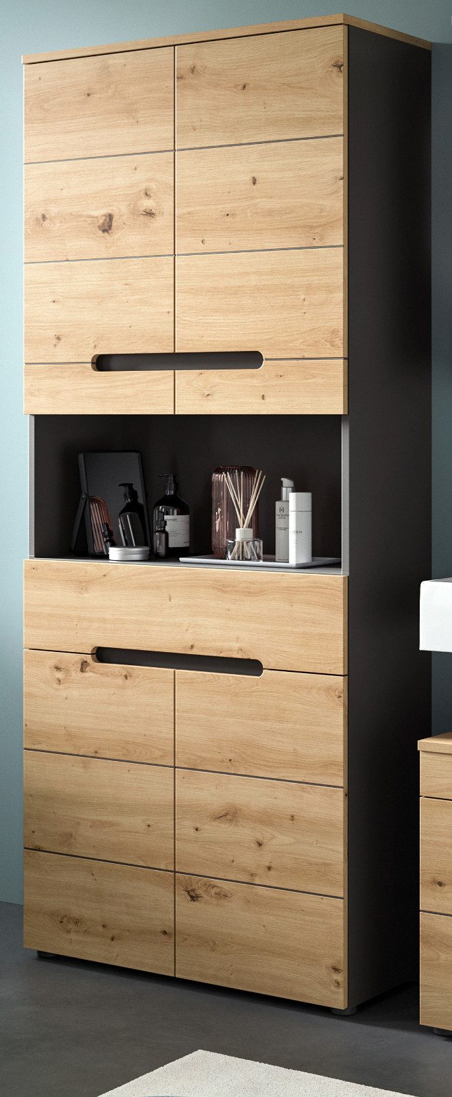 Inn.Furn Hochschrank Cooper (Badschrank Eiche Artisan und Basalt grau, 4-tü günstig online kaufen