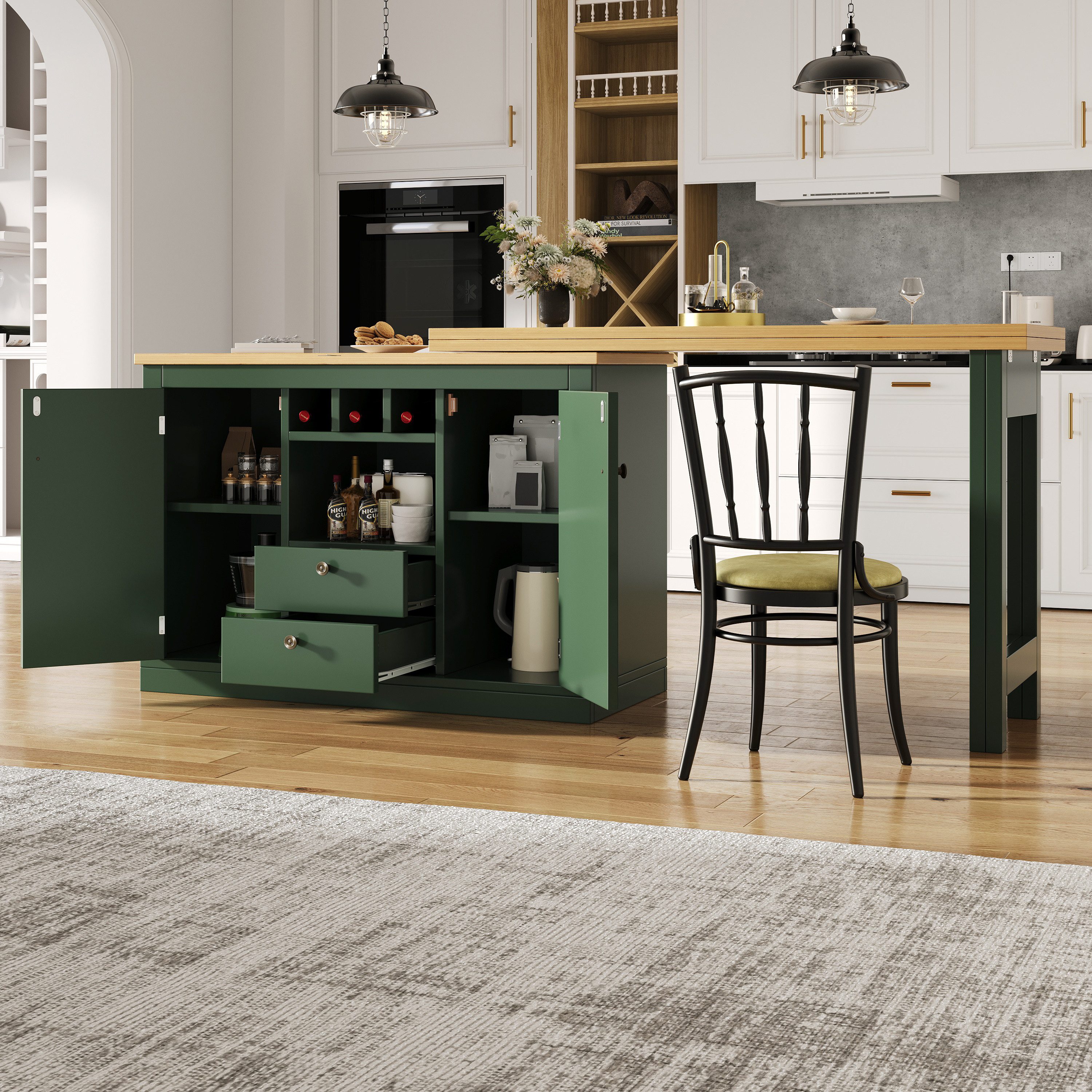 Flieks Kücheninsel mit 360° drehbarer und klappbarer Esstisch, (Holzoptik Tischplatte Tiefe 40-80cm, Längenverstellbar 120-180cm), ausziehbarer Esstisch & Mehrzweckschrank mit Schubladen und Weinregal