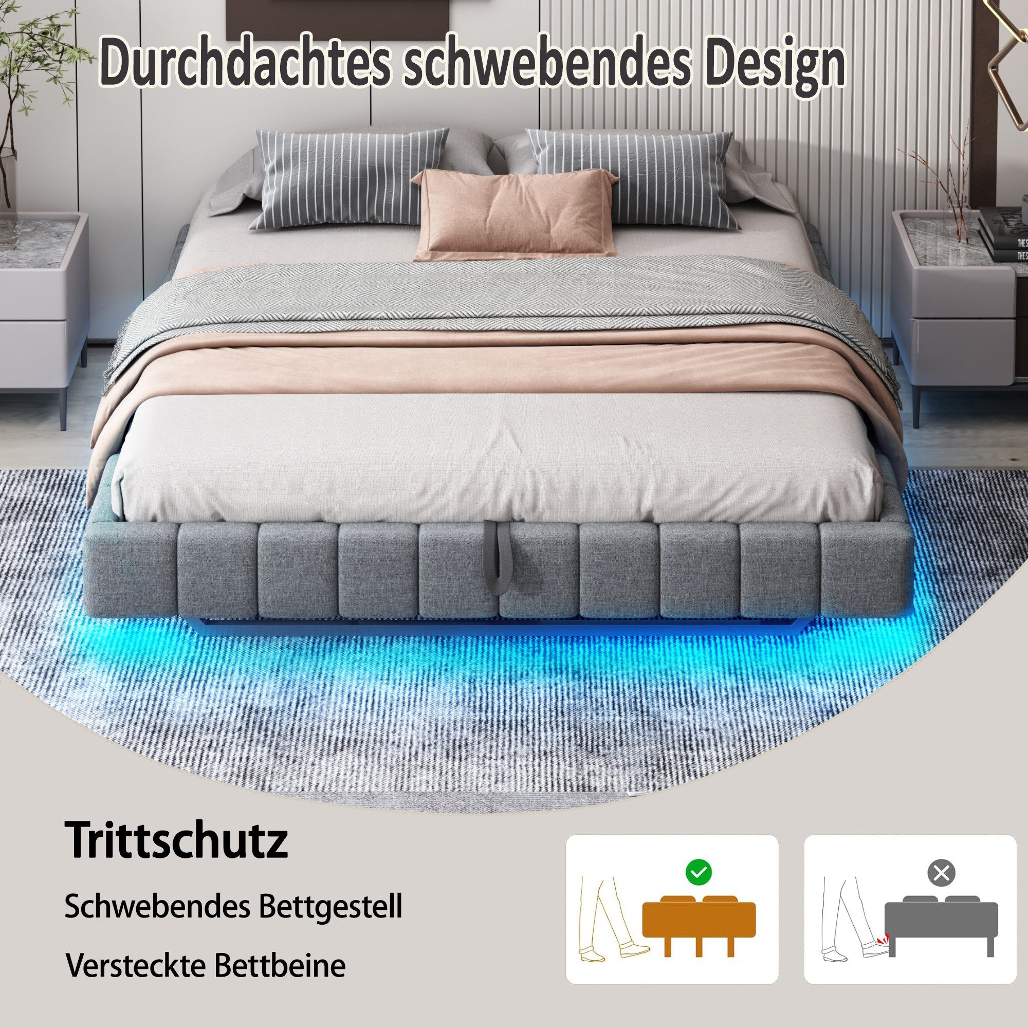 REDOM Polsterbett hydraulischer Schwebebettrahmen mit Stauraum, ohne Kopfteil (LED-Beleuchtung, Leinen, Stauraumbett Funktionsbett Jugendbett, 160x200cm), ohne Matratze