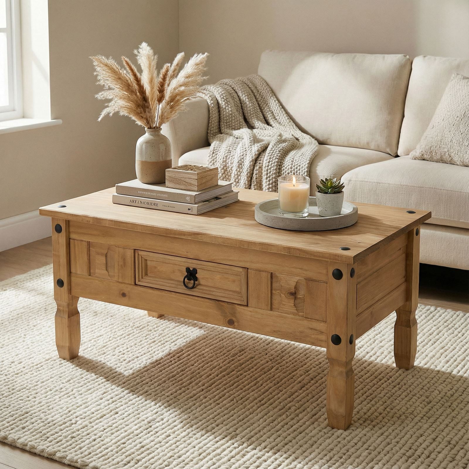 CARO-Möbel Couchtisch SALSA, Wohnzimmertisch 100x60cm, Sofatisch mit Schubkasten Landhausstil natur