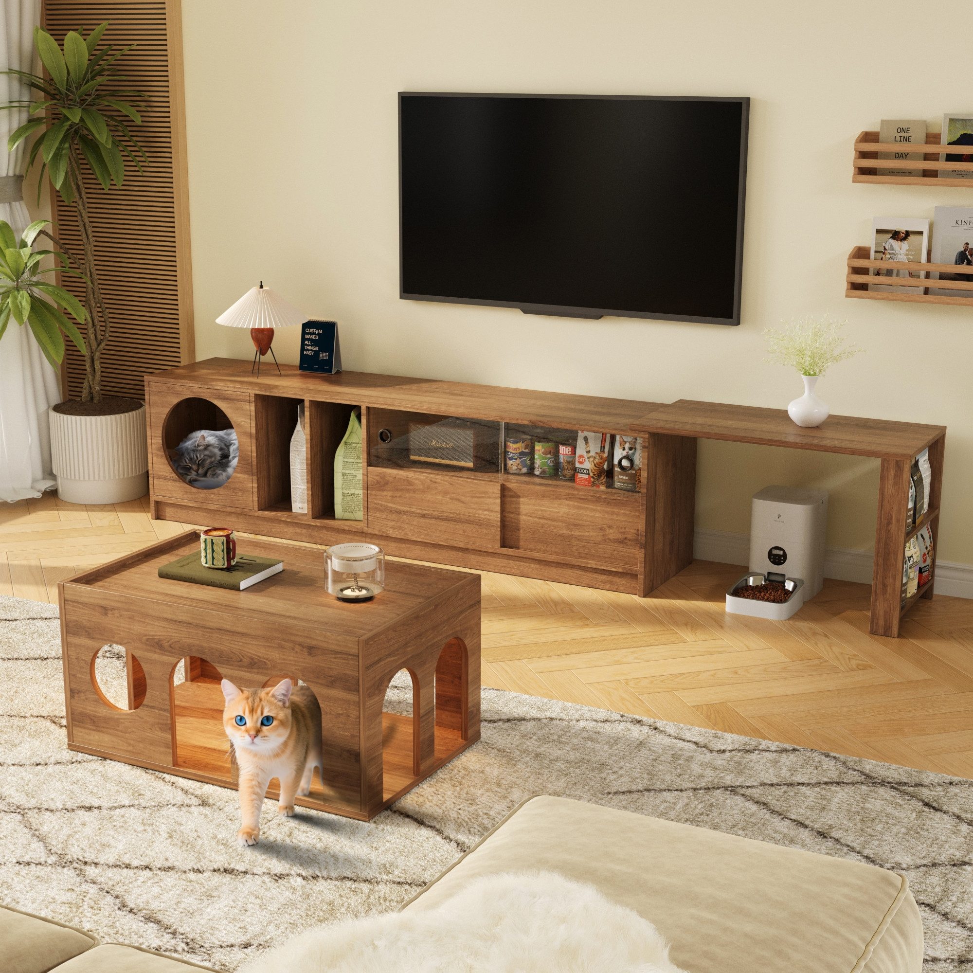 STILVORA Wohnzimmer-Set mit Lowboard&Couchtisch,2-teiliges Wohnzimmer-Set Haustier-Möbel,MDF, (Wohnzimmermöbel, 2-St., drehbarer TV-Schrank mit Katzenkorb), Haustier-Möbel, Nussbaum-Möbel-Set