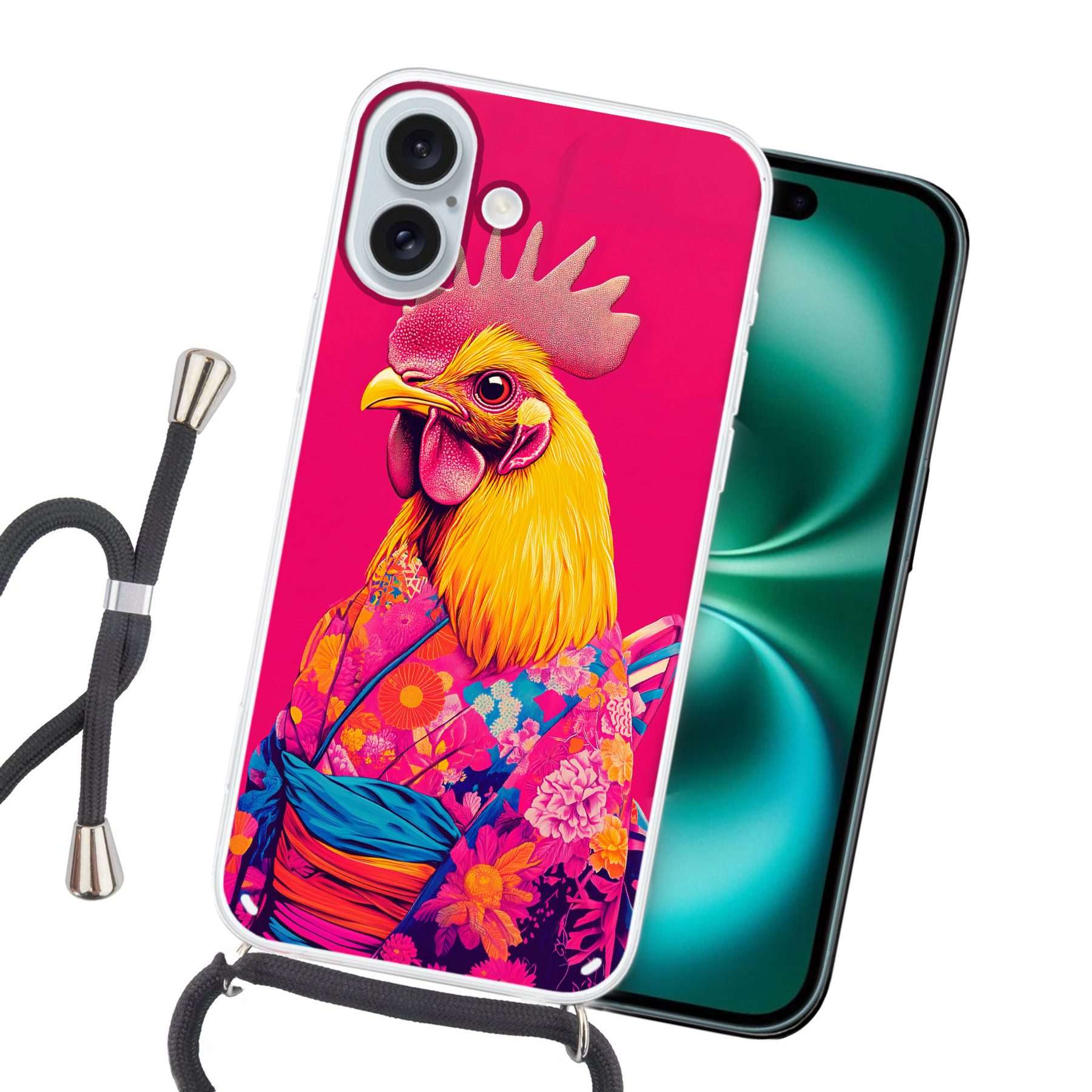 MuchoWow Handyhülle für Apple iPhone 16 Plus Hahn - Bunt - Kimono - Rosa, Tragbare Handyhüllen mit Kette zum umhängen, Handykette Handyband