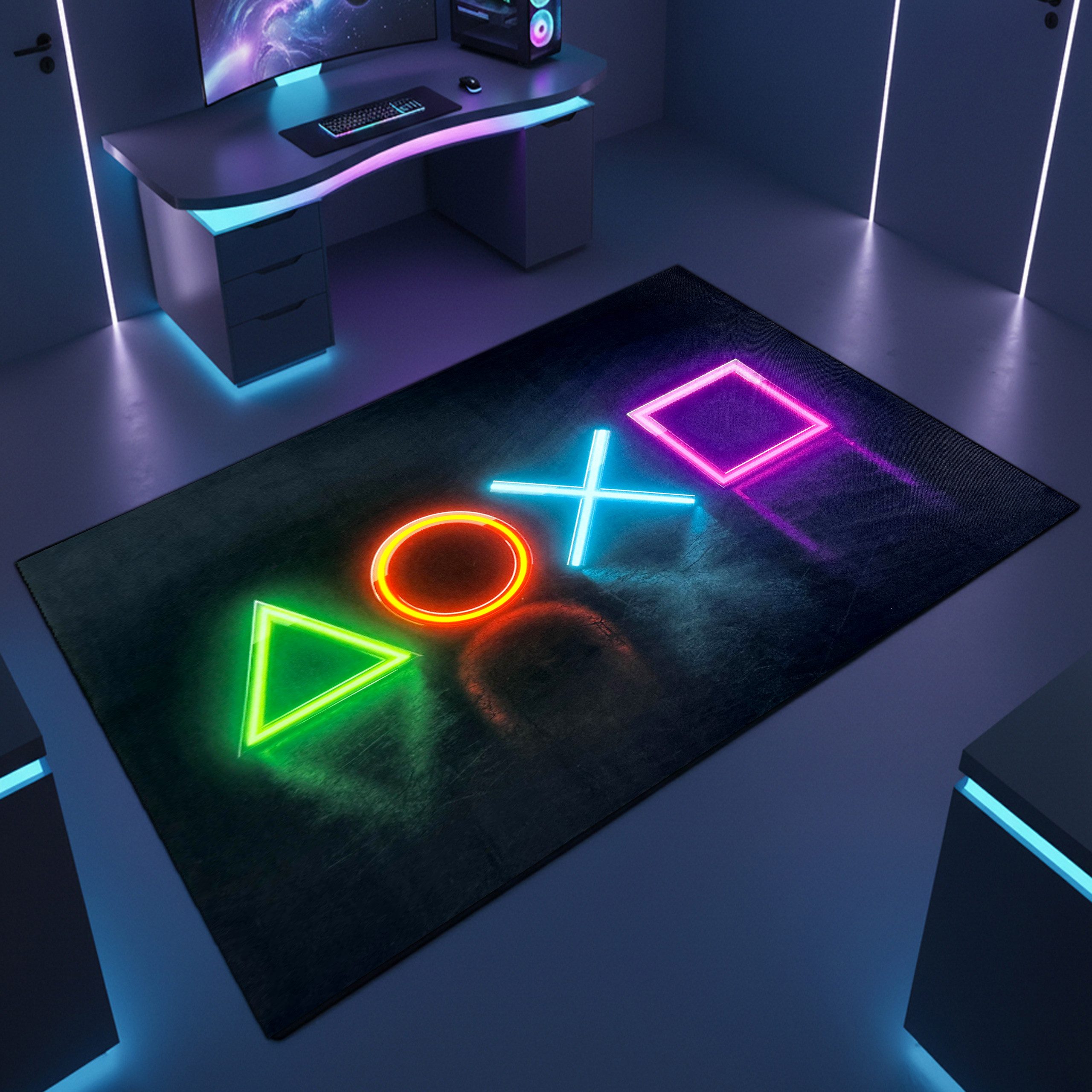 TeppichHome24 Teppich Gaming Teppich mit neonfarbigen Symbolen, rechteckig, pflegeleicht, gleichmäßige Oberfläche, für Fußbodenheizung geeignet