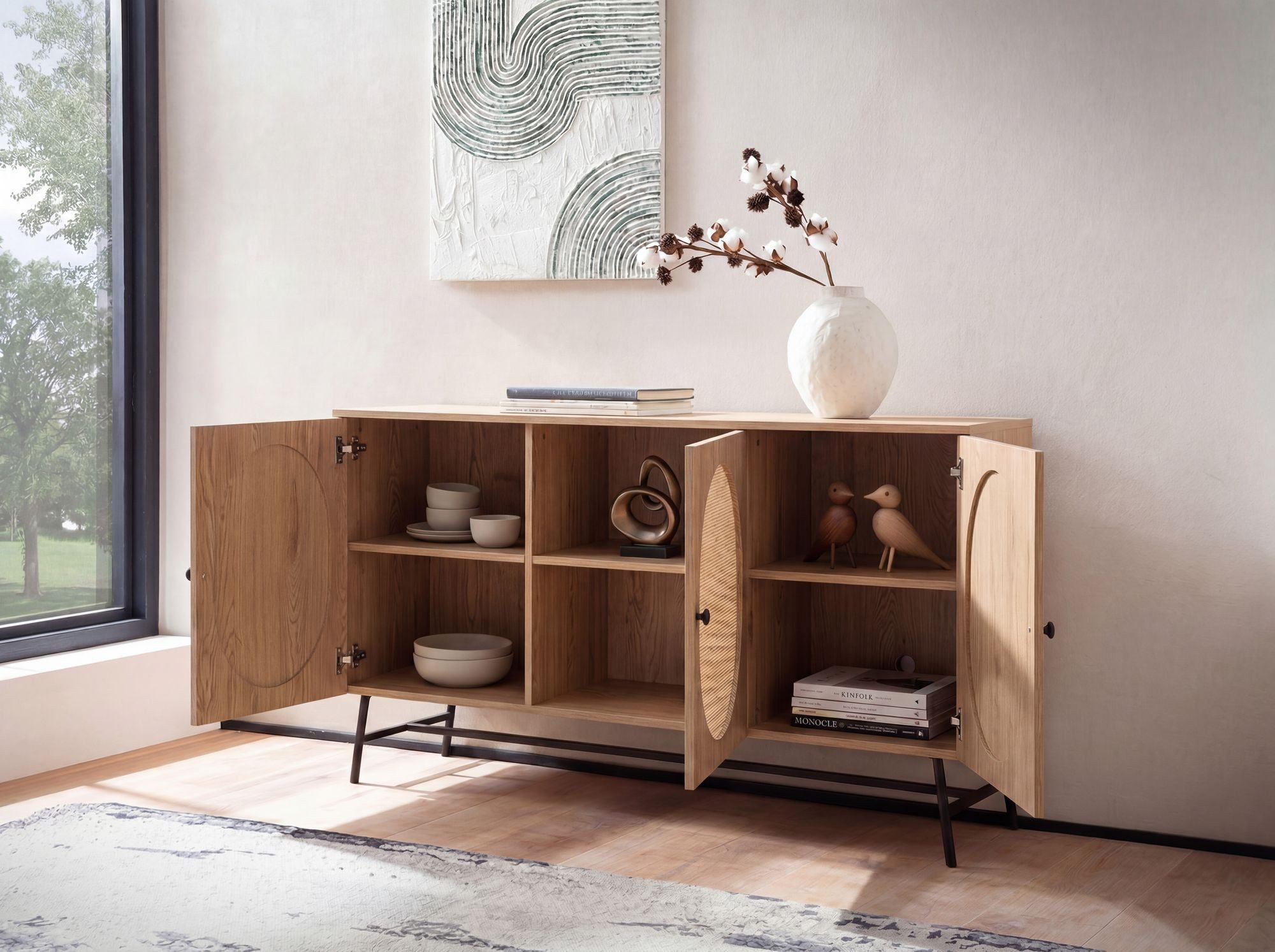 FINEBUY Sideboard FB104665 140cm MDF Eiche Dekor mit 3 Türen in Ratten Wiener Geflecht (Kommode Türen Standschrank, Hoher Kommodenschrank), 140x80x39 cm Anrichte, Eiche-Dekor Rattangeflecht