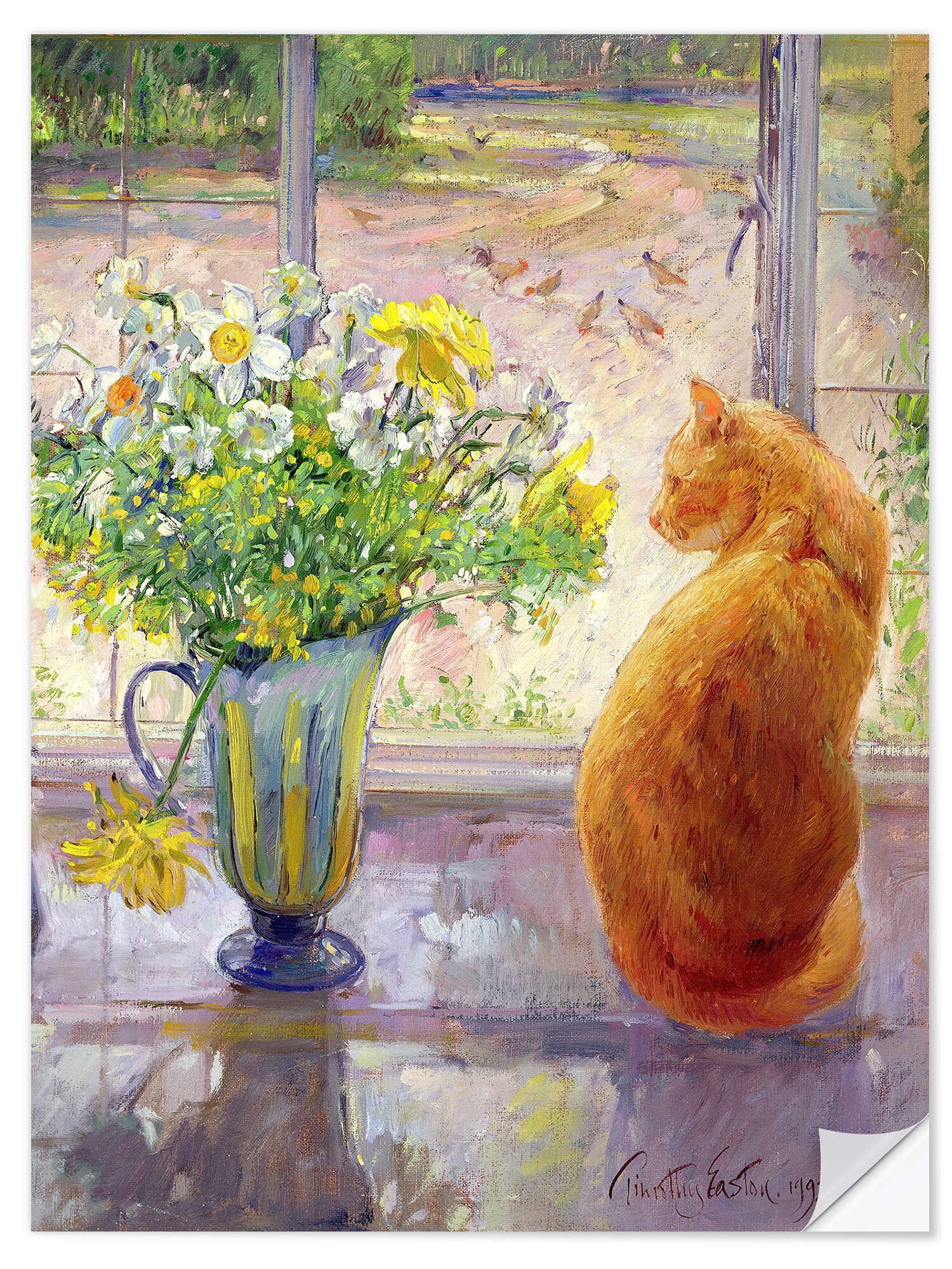 Posterlounge Wandfolie Timothy Easton, Katze mit Blumen im Fenster, Küche Malerei