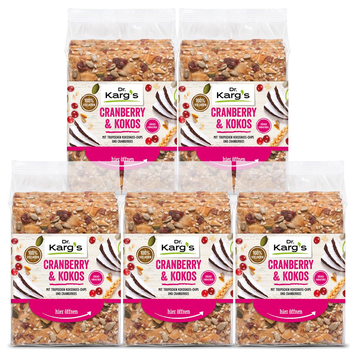 Dr. Kargs Brot, Dr. Kargs Cranberry und Kokos Vollkorn Knäckebrot 200g 5er Pack