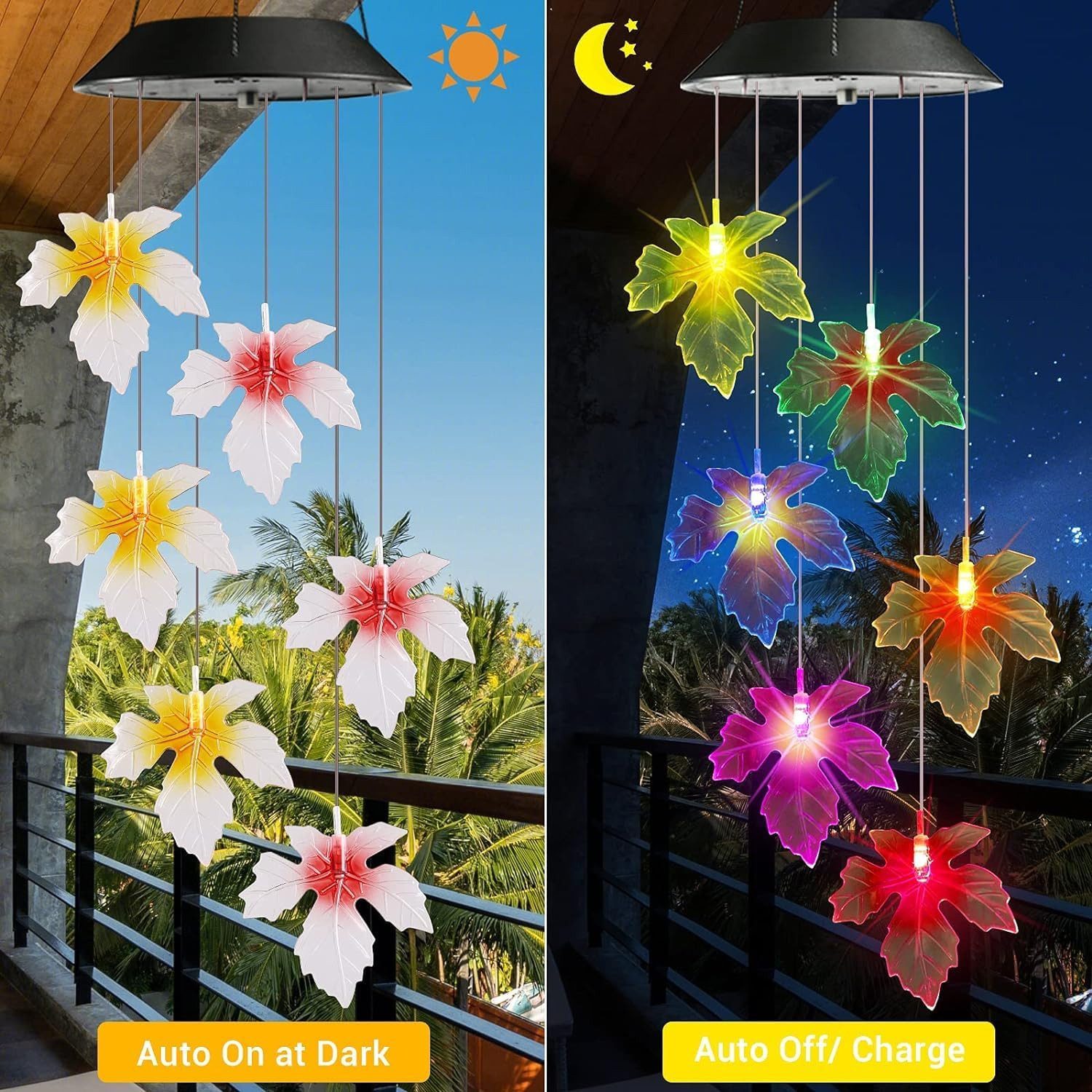 TUWENA Windspiel Ahornblatt Solar Garten, 6 LED Solar für Draußen, Wasserfest (1 St), Dekorationen für Baum, Balkon, Hof