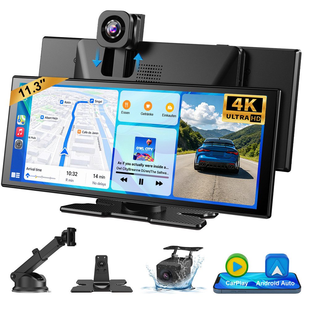 ESSGOO 11,3" Carplay Android Auto 360° Dashcam mit Rückfahrkamera Spiegel Navigationsgerät (Wireless Carplay Android Auto)