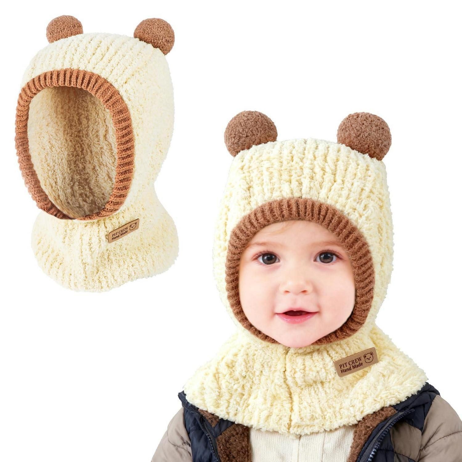 Strickmütze Beanie Schlupfmütze Baby Kinder PomPom Halswärmer 1 5 Jahre Beige