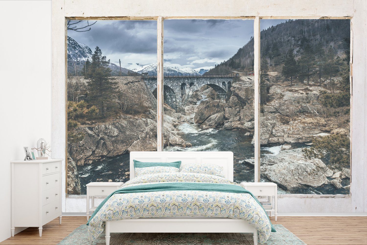 MuchoWow Fototapete Aussicht - Brücke - Wasser, Matt, bedruckt, (6 St), Wallpaper für Wohnzimmer, Schlafzimmer, Kinderzimmer, Vinyl Tapete