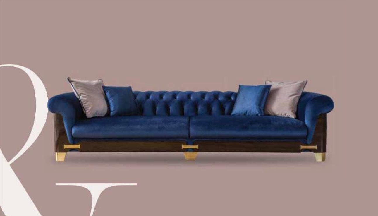 JVmoebel Chesterfield-Sofa Chesterfield Viersitzig Sofa 4 Sitzer Sofas Blau Stoff Luxus Modern, 1 Teile