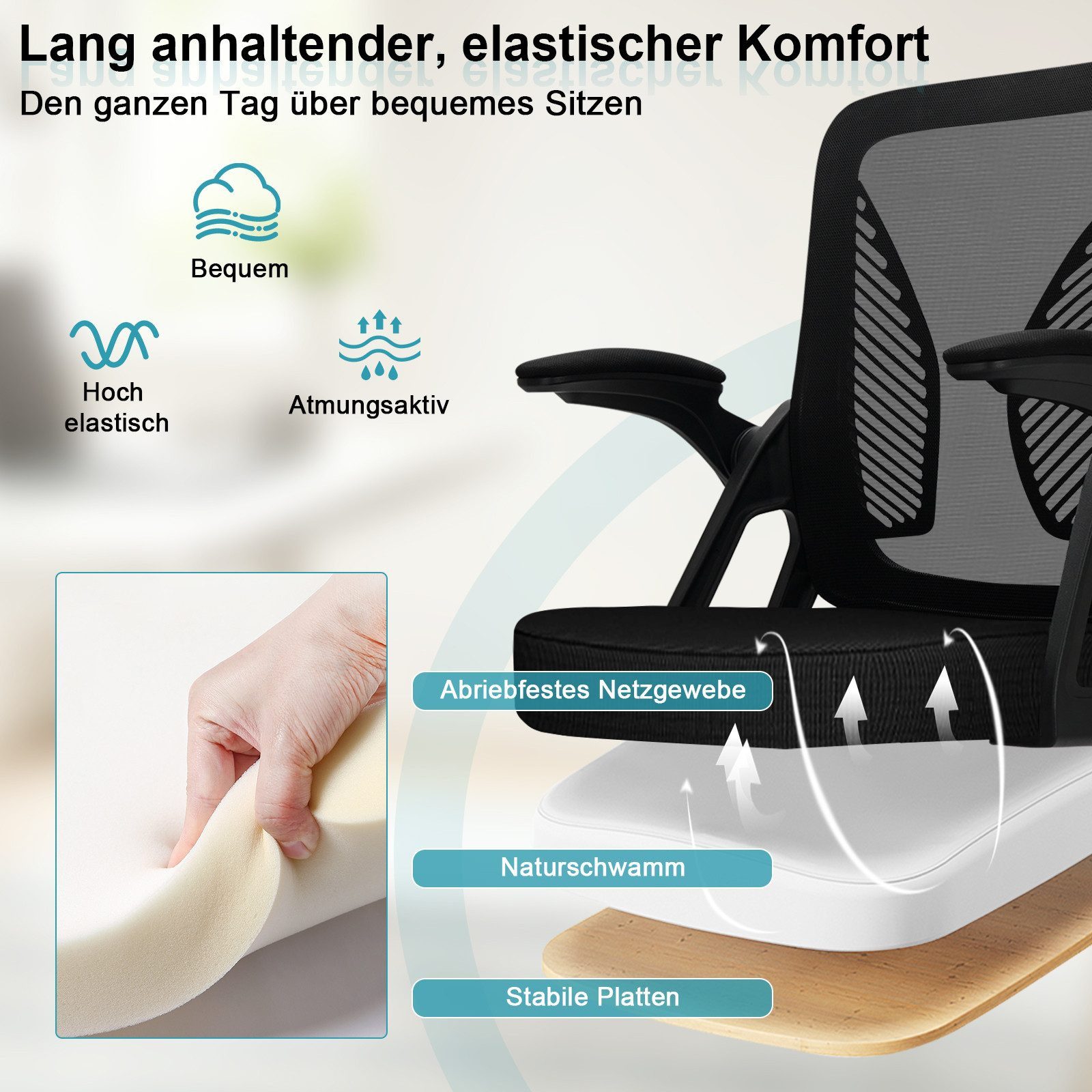 Milacyee Bürostuhl Ergonomischer Bürostuhl mit 90° klappbaren, gepolsterten Armlehnen (Höhenverstellbarer Atmungsaktiv Chefsessel mit geräuscharmen Rollen,Drehstuhl mit dynamische Rückenstütze), Platzsparend, Atmungsaktives Mesh, 150 kg Belastbarkeit