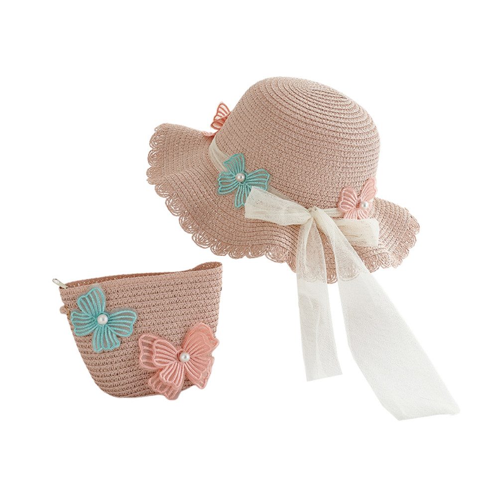 Coonoor Sonnenhut Strohhut-Set für Kinder: Süßer Sommerhut und Strohtasche für Mädchen Reisehut mit Blumen-Dekoration für Strand, Urlaub