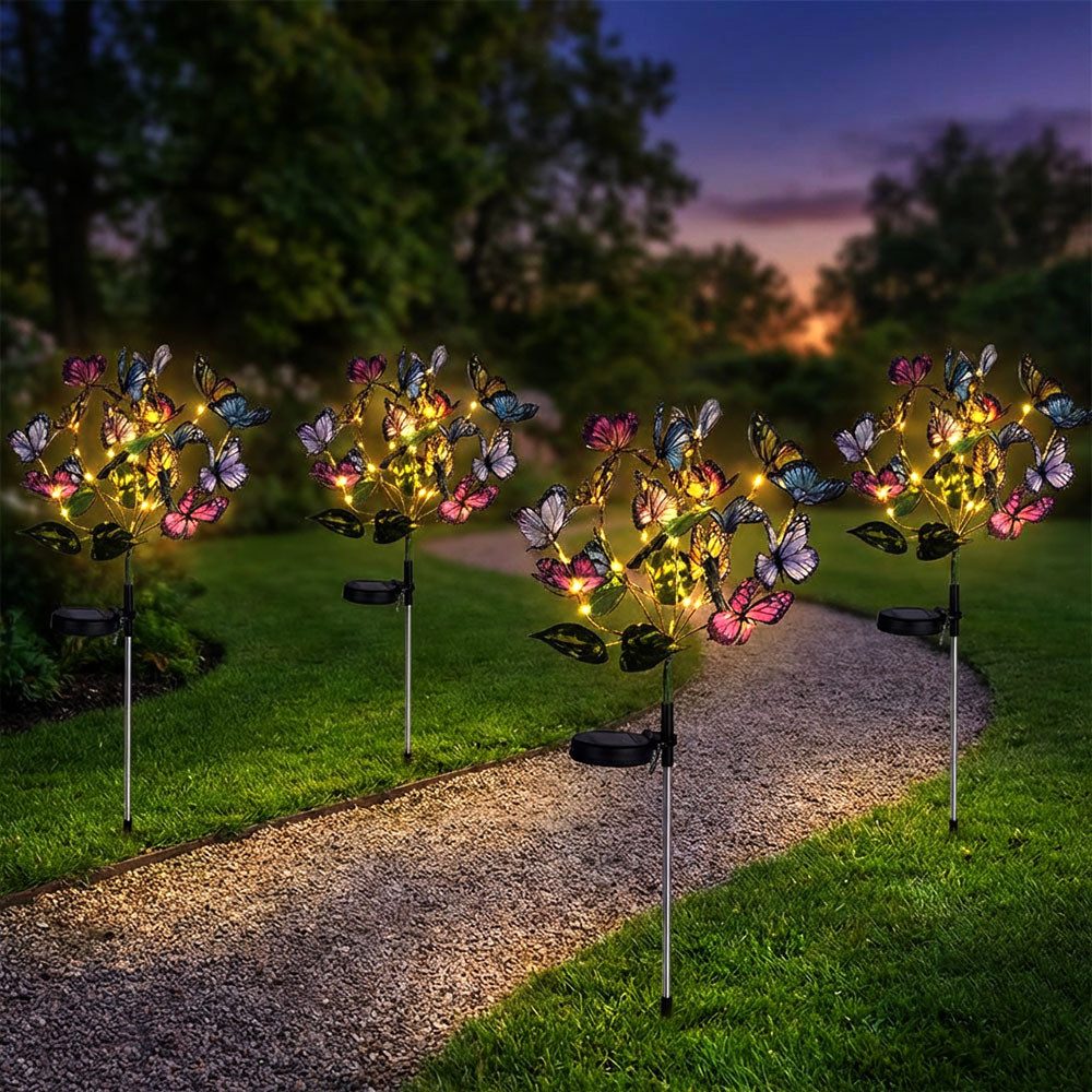 Haushalt International LED Dekofigur, LED-Leuchtmittel fest verbaut, Warmweiß, Solar Steckleuchten LED Garten Schmetterlingsschwarm 4er Set