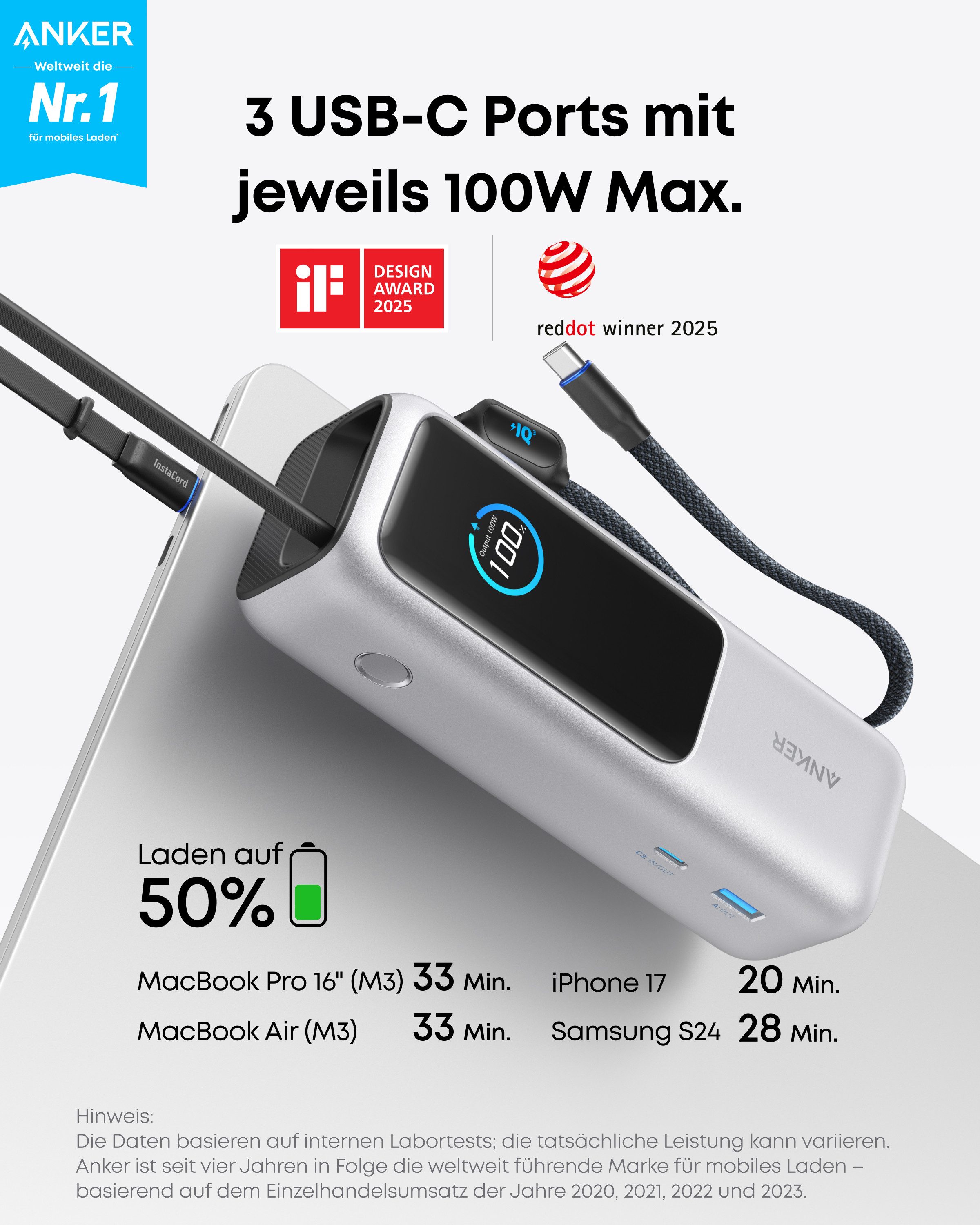 Anker Anker 165W 25000 mAh Laptop Powerbank Ladegerät mit 70cm ausziehbarem Kabel & Trageband, 3 USB-C Ports für Laden mehrerer Geräte 25000 mAh (5 V), Für MacBook Pro, iPhone 17/16/15, Samsung und mehr (flugzeugtauglich)