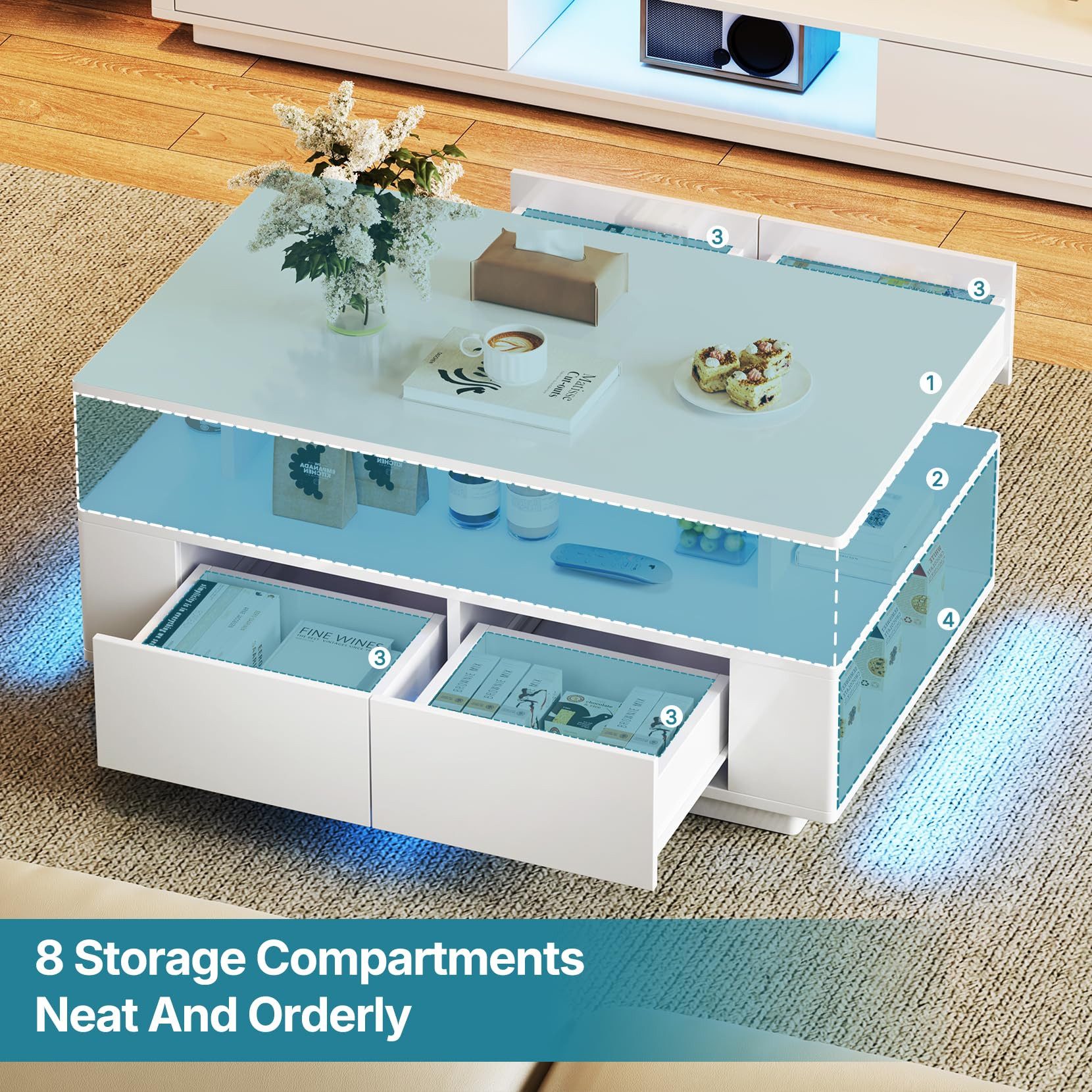 Dripex Couchtisch Couchtisch mit Stauraum Hochglanz Weiß 90x40x55 cm mit LED – Bild 3 von 5