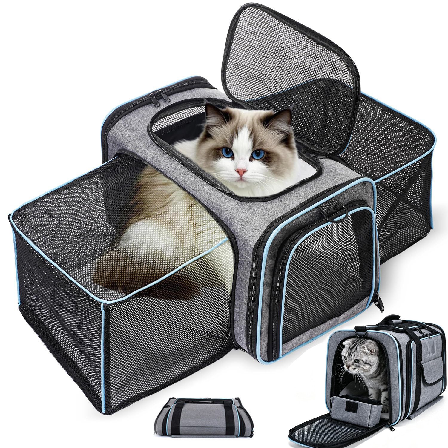 Kityhome Tiertransporttasche Faltbare Katzentransportbox, erweiterbar, Transporttasche für 2 Katzen bis 10 kg, Beidseitig …