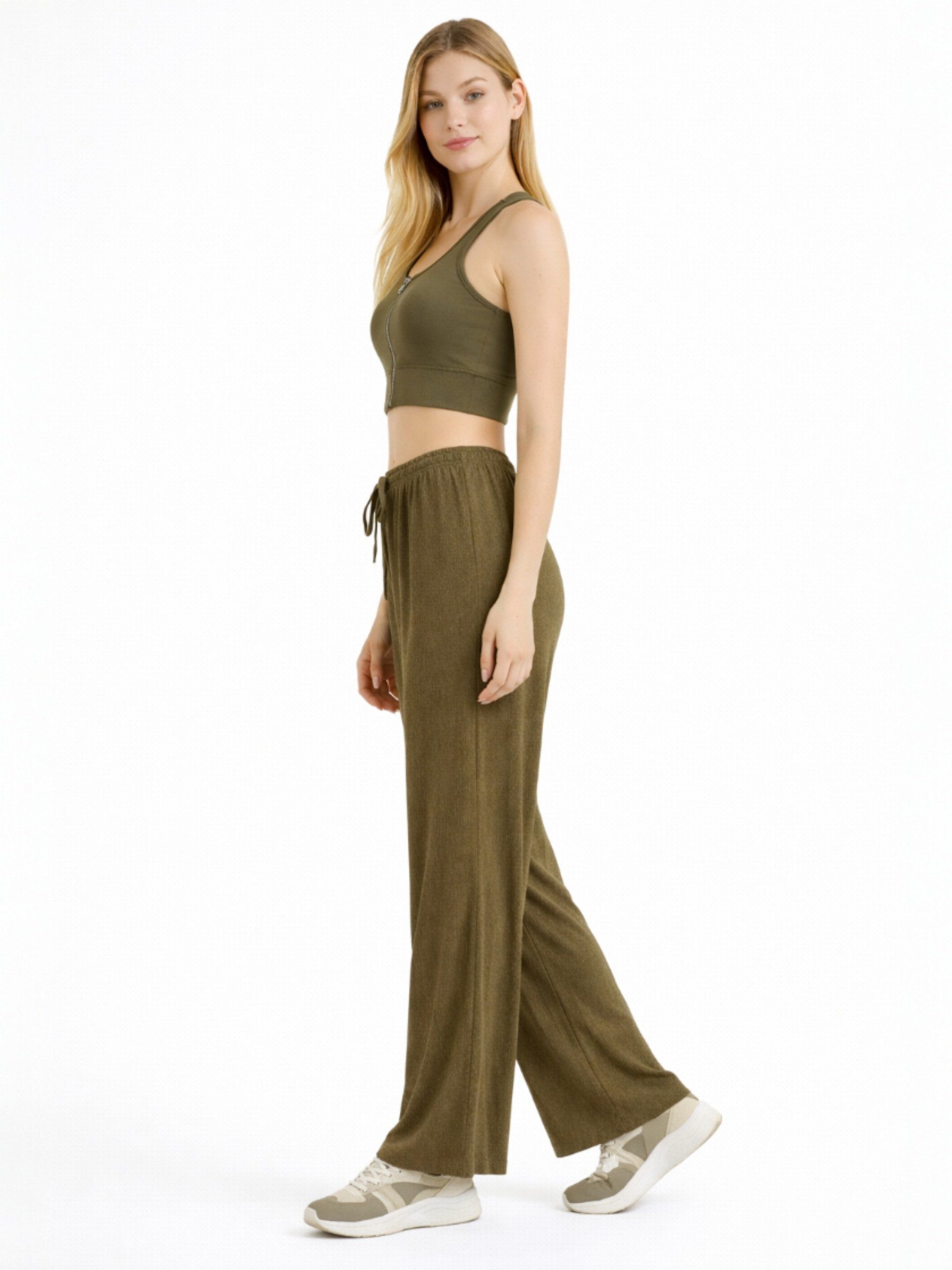 fashionshowcase Palazzohose Damen Crinkle – Weite Sommerhose elastischer Bund hoher Bund, elastischer Tunnelzug
