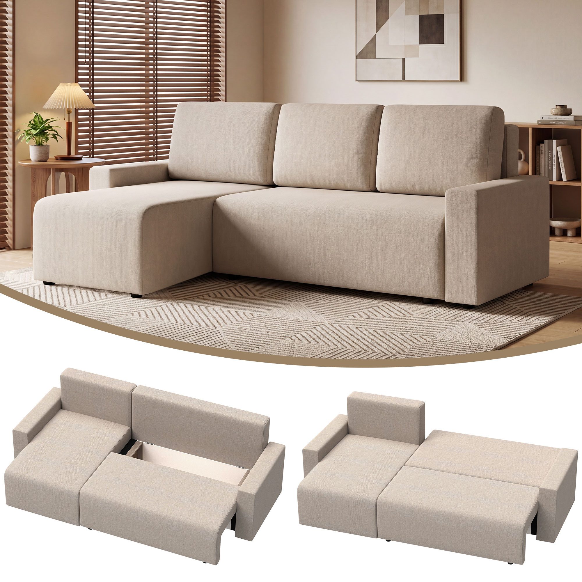 HOMCOM Schlafsofa L-Form 3-Sitzer Sofa aus Veloursbezug Schlafcouch, Beige, Eckcouch 1 Teile, Schlaffunktion, umkehrbare Ottomane, Stauraum – Bild 2 von 5
