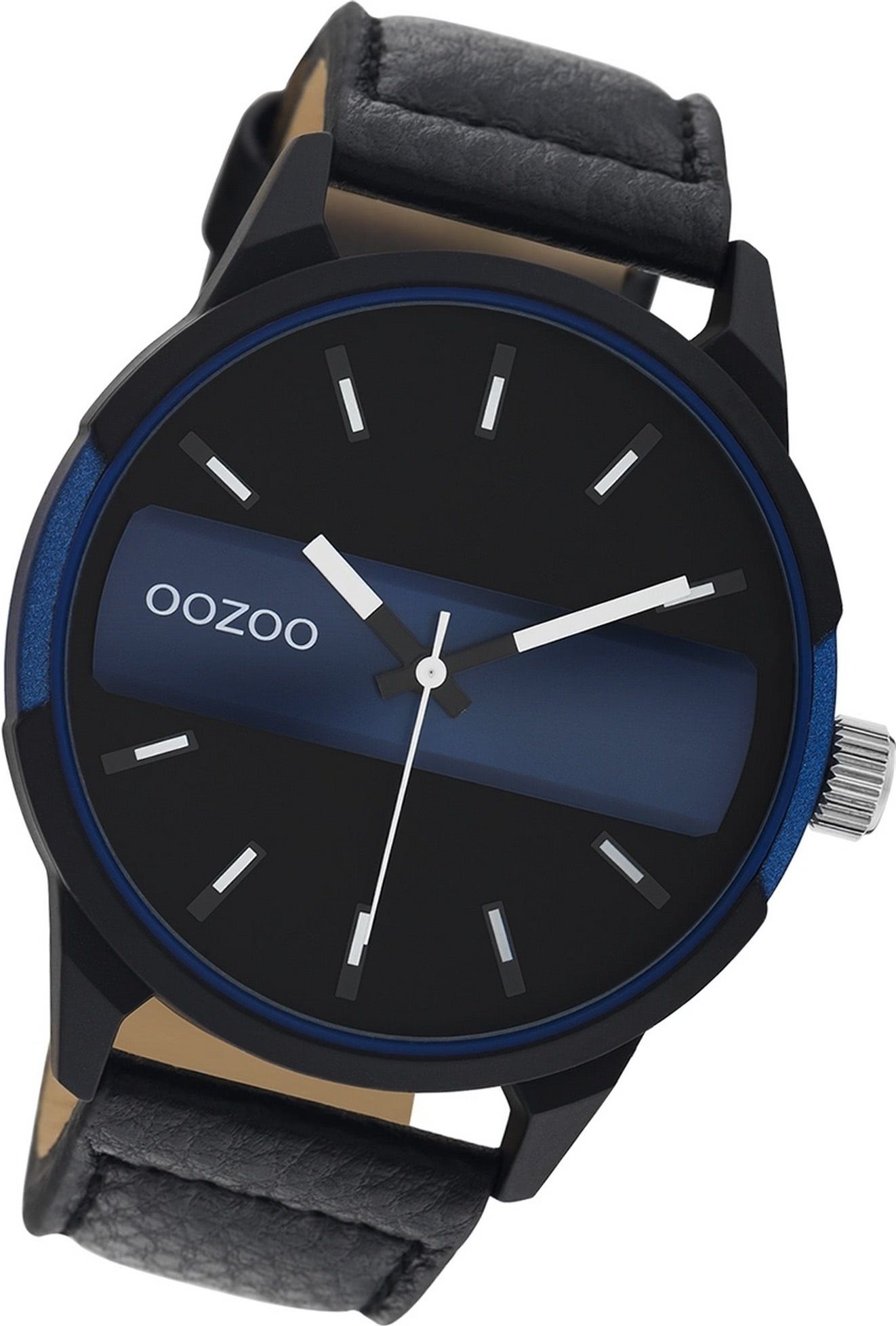 OOZOO Quarzuhr Oozoo Herren Armbanduhr Timepieces, Herrenuhr Lederarmband schwarz, rundes Gehäuse, extra groß (ca. 48mm)