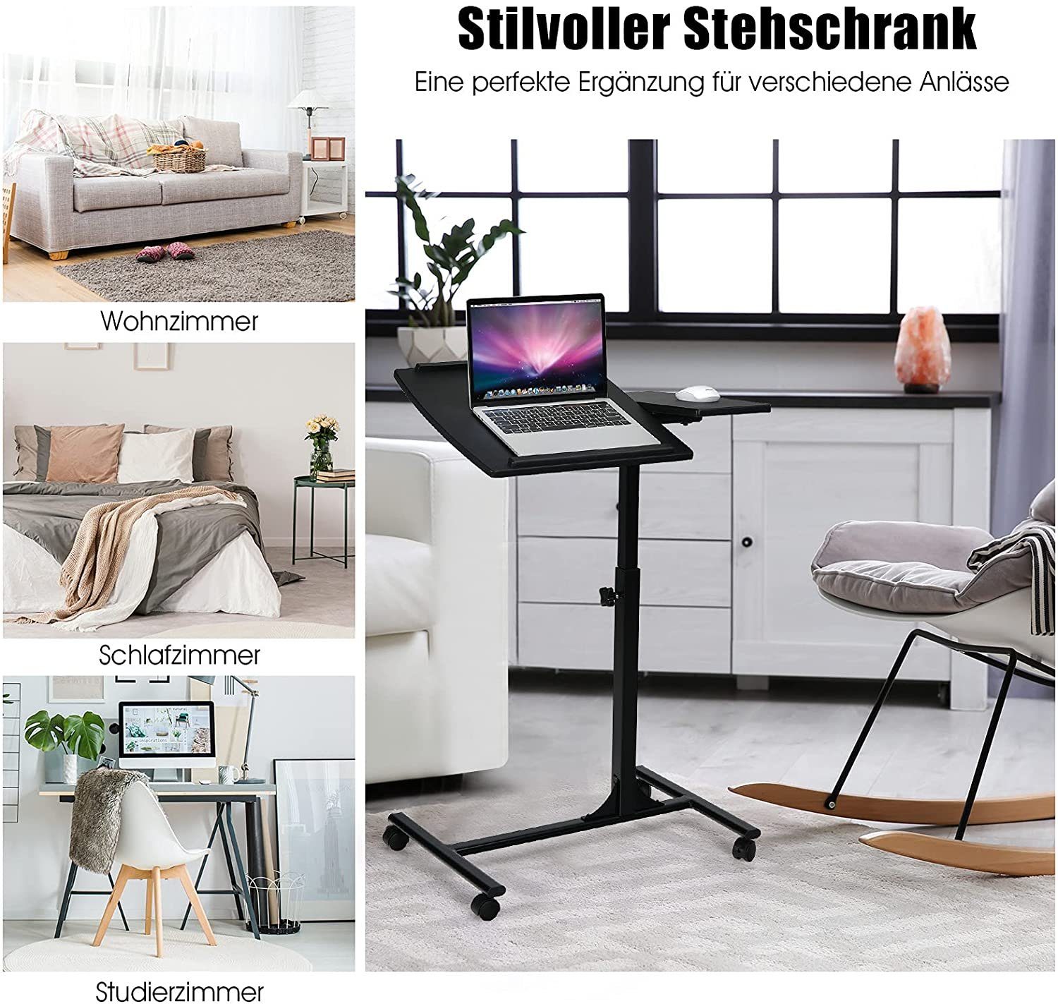 COSTWAY Laptoptisch, Bett, höhen- Schwarz Rollen, & auf 93cm neigungsverstellbar