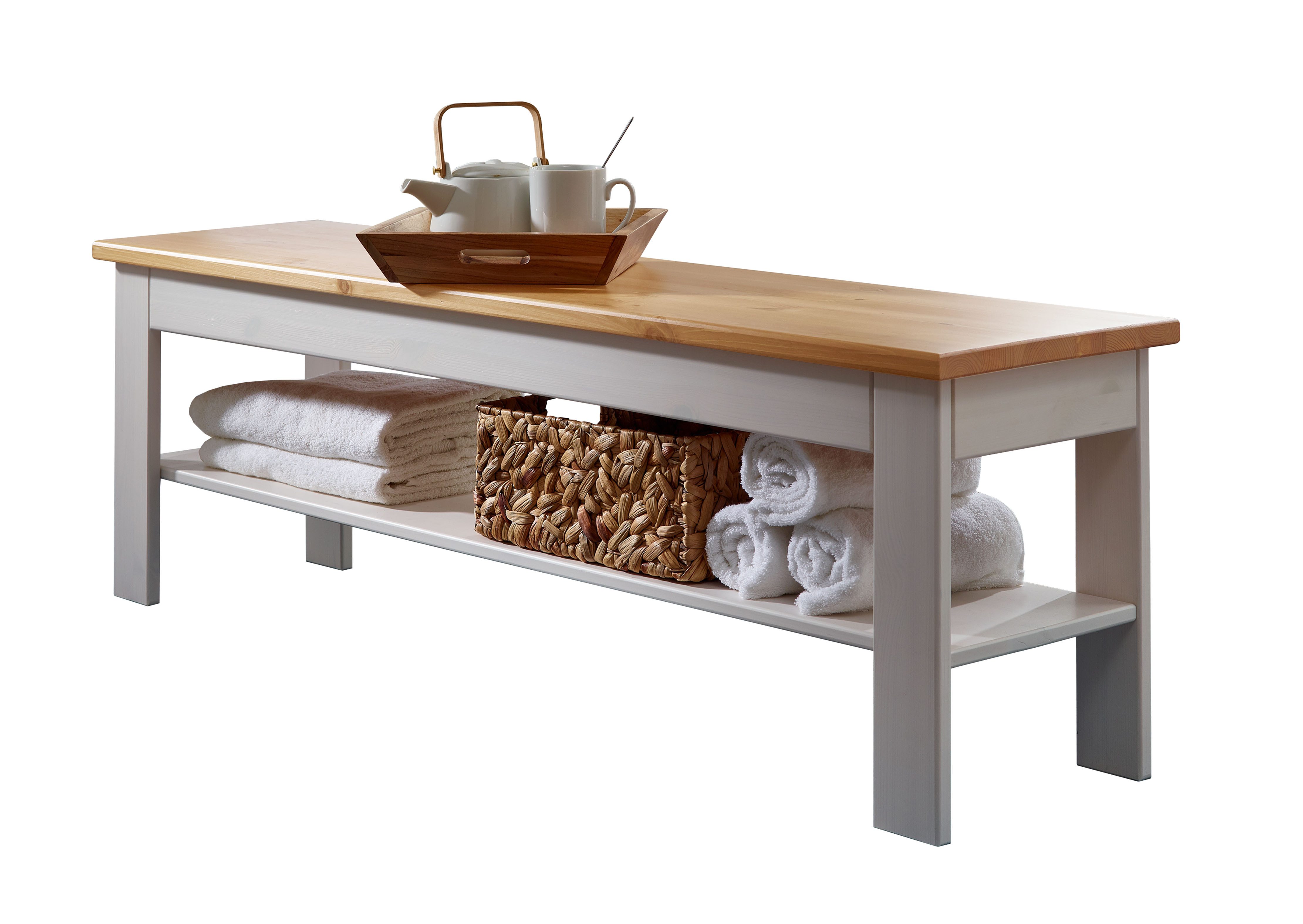 Woodroom Bettbank Pila (Kiefer massiv weiß gewachst), Sitzbank 140 cm, Bank mit Ablage, Bank fürs Bettende