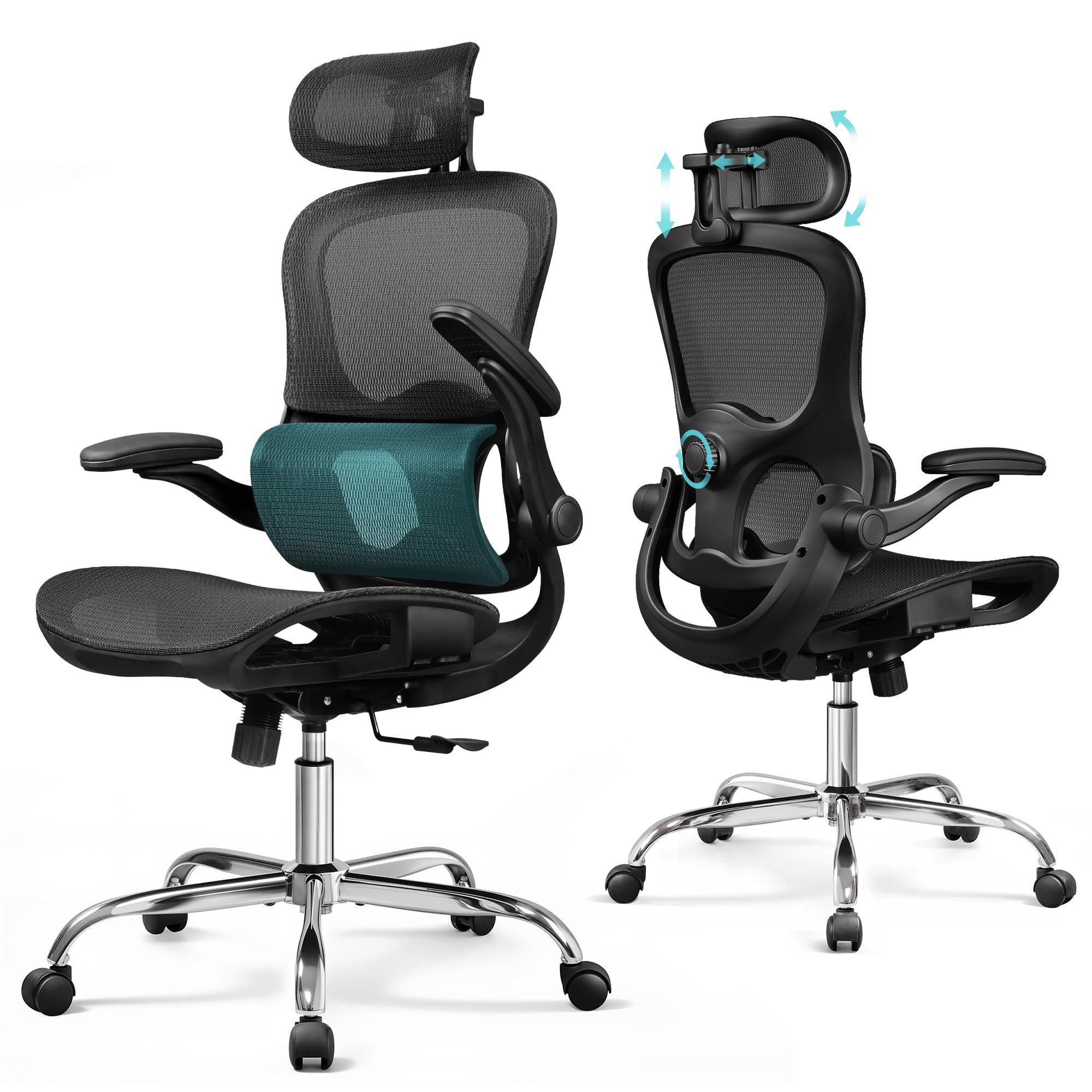 DEVAISE Bürostuhl Ergonomisch, Schreibtischstuhl mit Segmentierter Rückenlehne, (Verstellbarer Kopfstütze und Lendenwirbelstütze, 4D-Armlehnen), Wippfunktion, Hohe Lehne, für Büro, bis 180kg