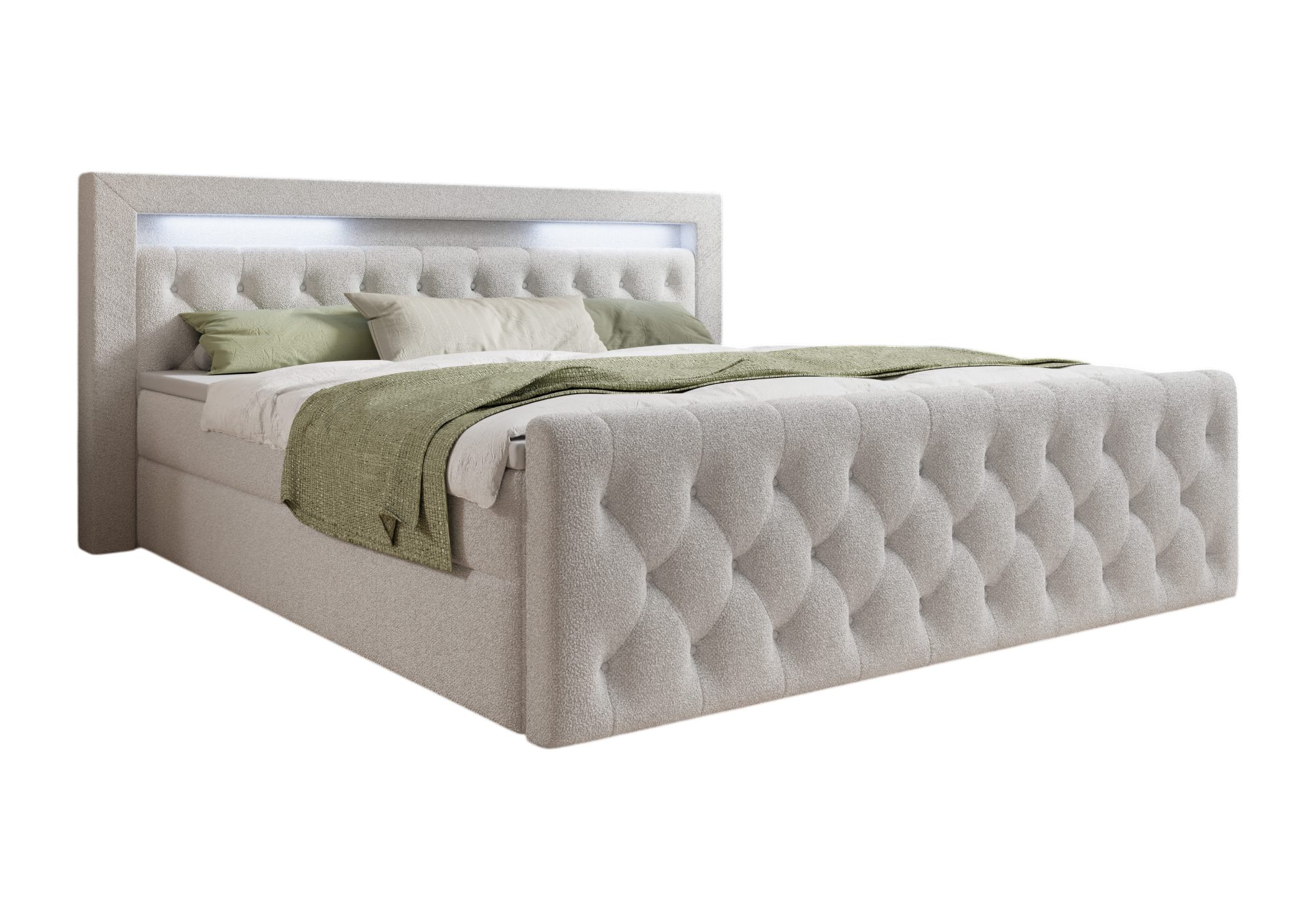 thematys Boxbett LED mit Bettkasten 140x200–200x200 cm – Velours oder Bouclé Bezug – (Polsterbett Bonnellfederkern Matratze H3 + Gratis 3cm Topper, Boxbett - Luxus Doppelbett mit Stauraum und LED)