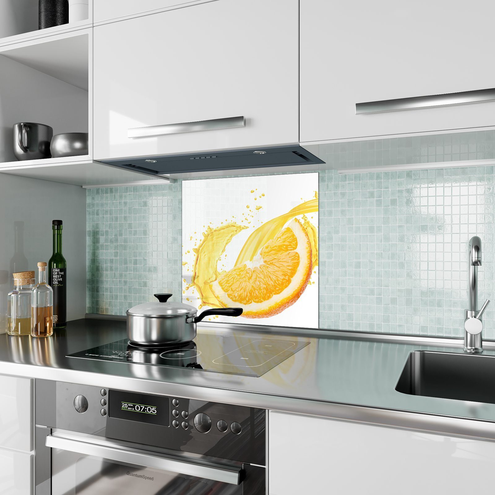 spritzt Spritzschutz mit Glas Küchenrückwand Primedeco Küchenrückwand Motiv Orangensaft